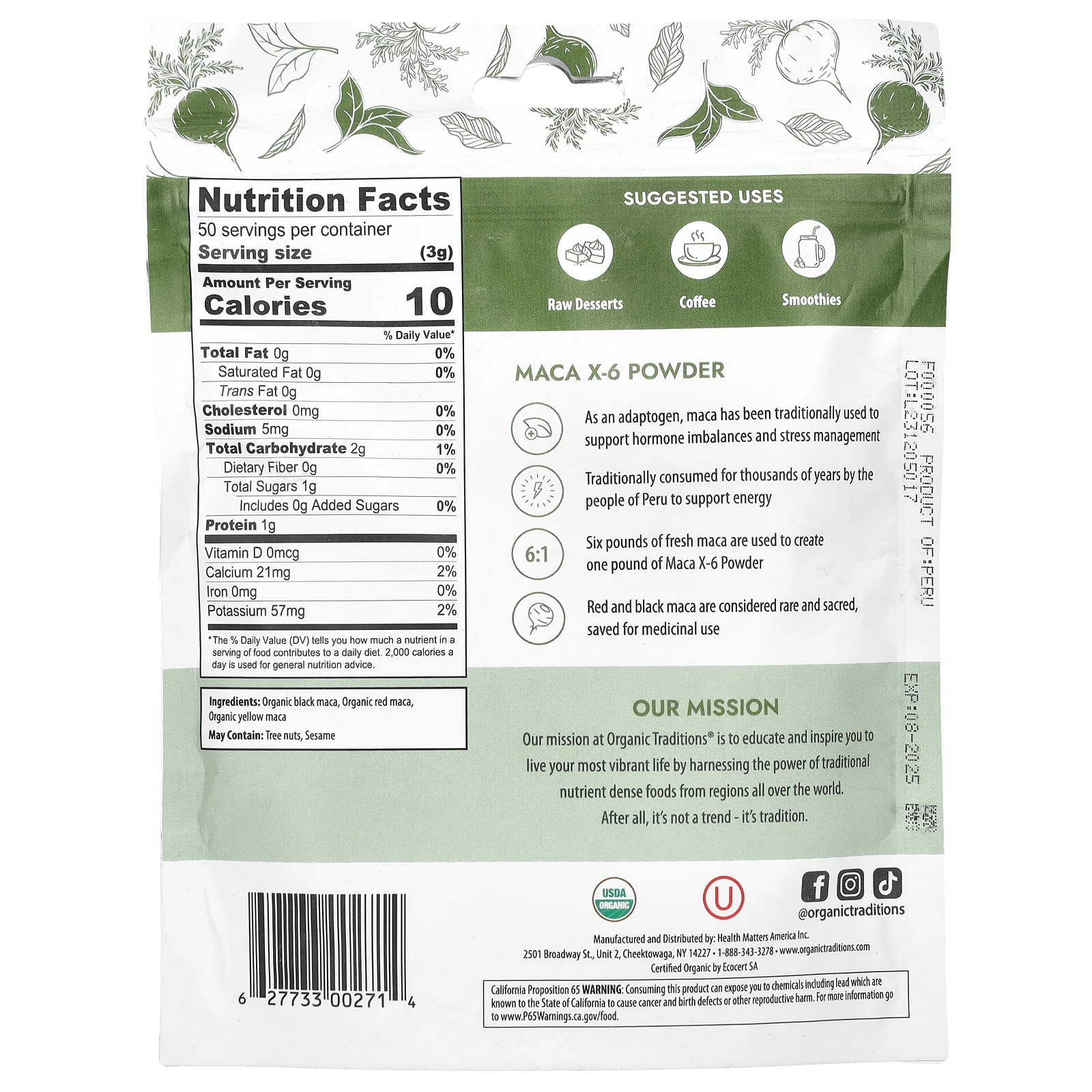 Organic Traditions, Maca X-6, черная и красно-фиолетовая, 150 г (5,3 унции)