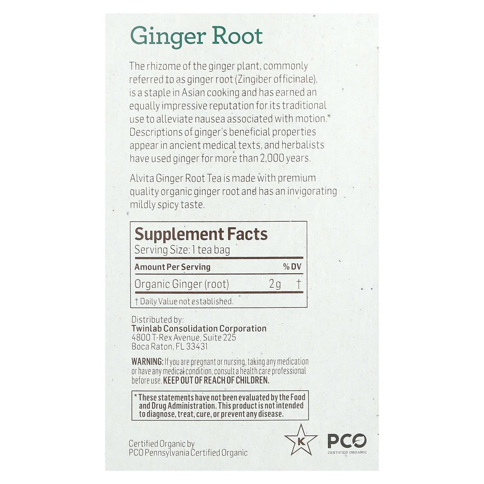 Alvita Teas, органический растительный чай, корень имбиря, без кофеина, 16 индивидуально упакованных чайных пакетиков, 32 г (1,13 унции)