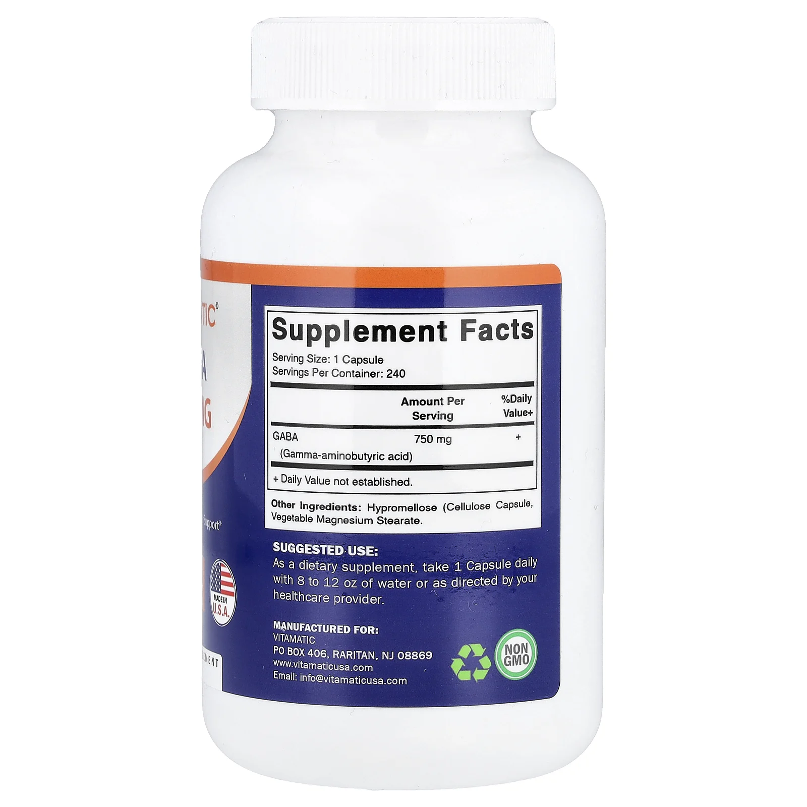 Vitamatic, Габа, 750 мг, 240 растительных капсул