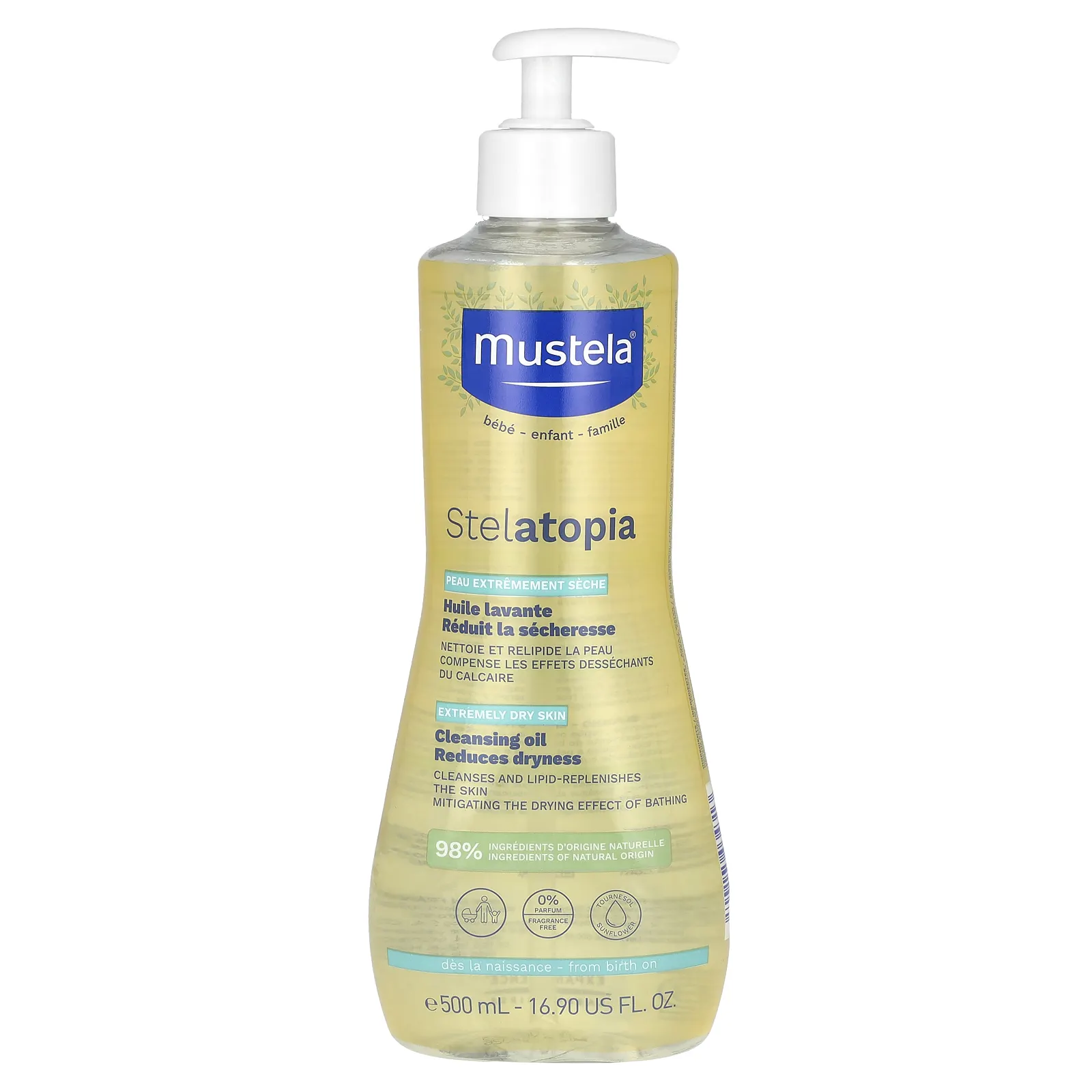 Mustela, Stelatopia, очищающее масло с подсолнечником, для очень сухой кожи, без отдушек, 500 мл (16,9 жидк. Унции)