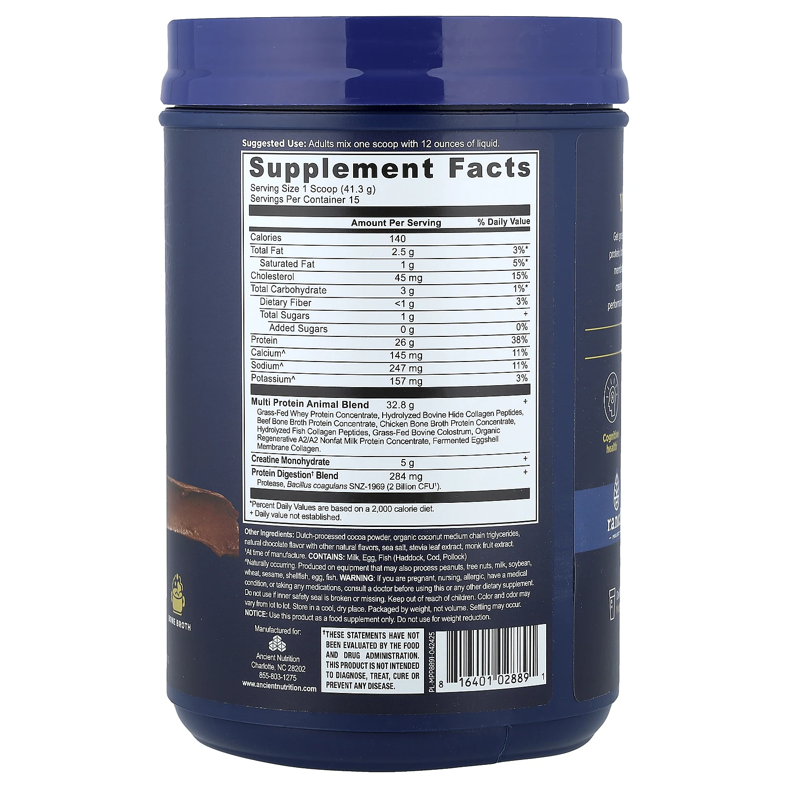 Ancient Nutrition, мультипротеин, животного происхождения, темный шоколад, 620 г (1,37 фунта)