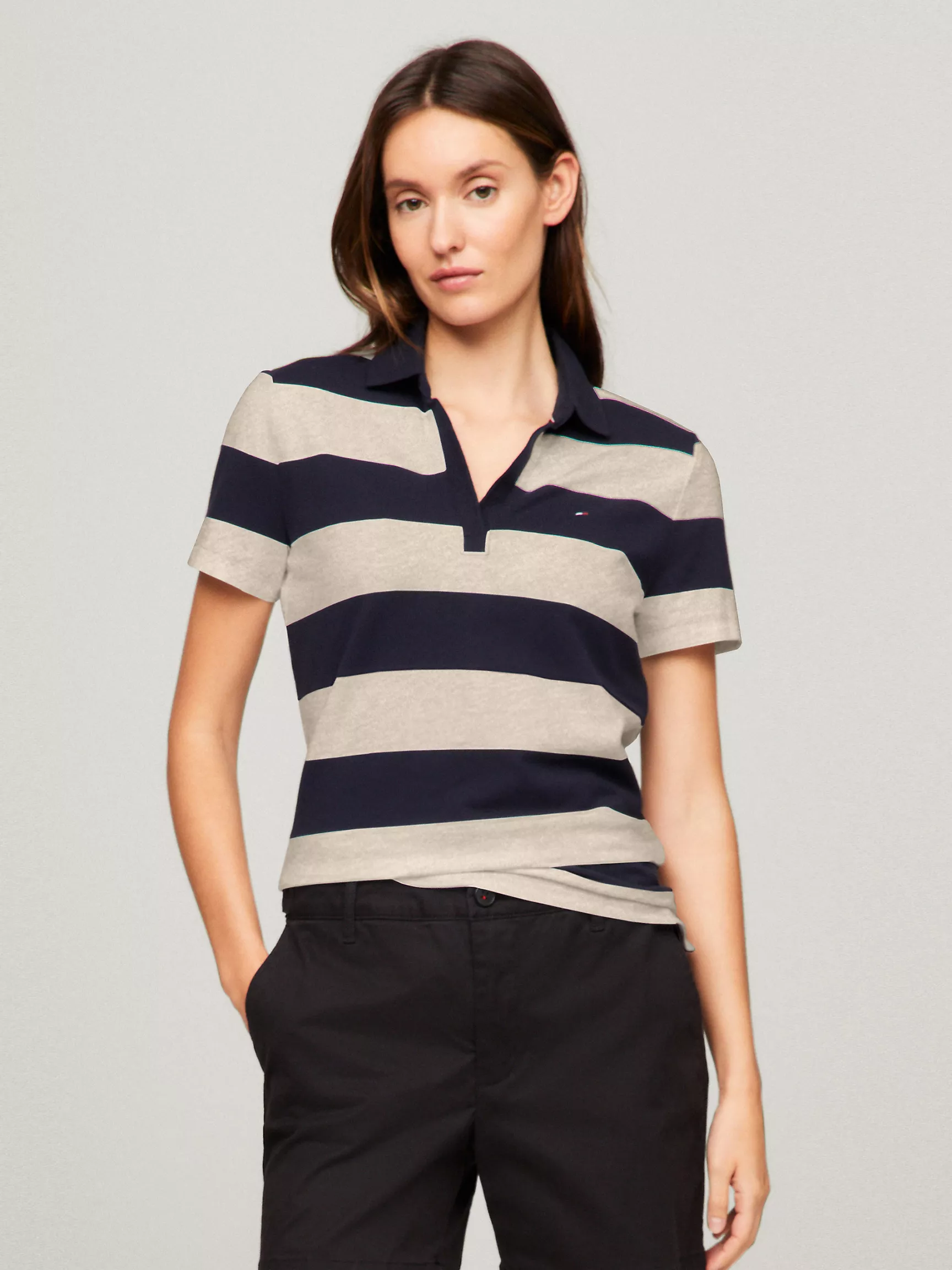 Женское поло Tommy Hilfiger, Полосатое эластичное хлопковое поло с открытым воротником