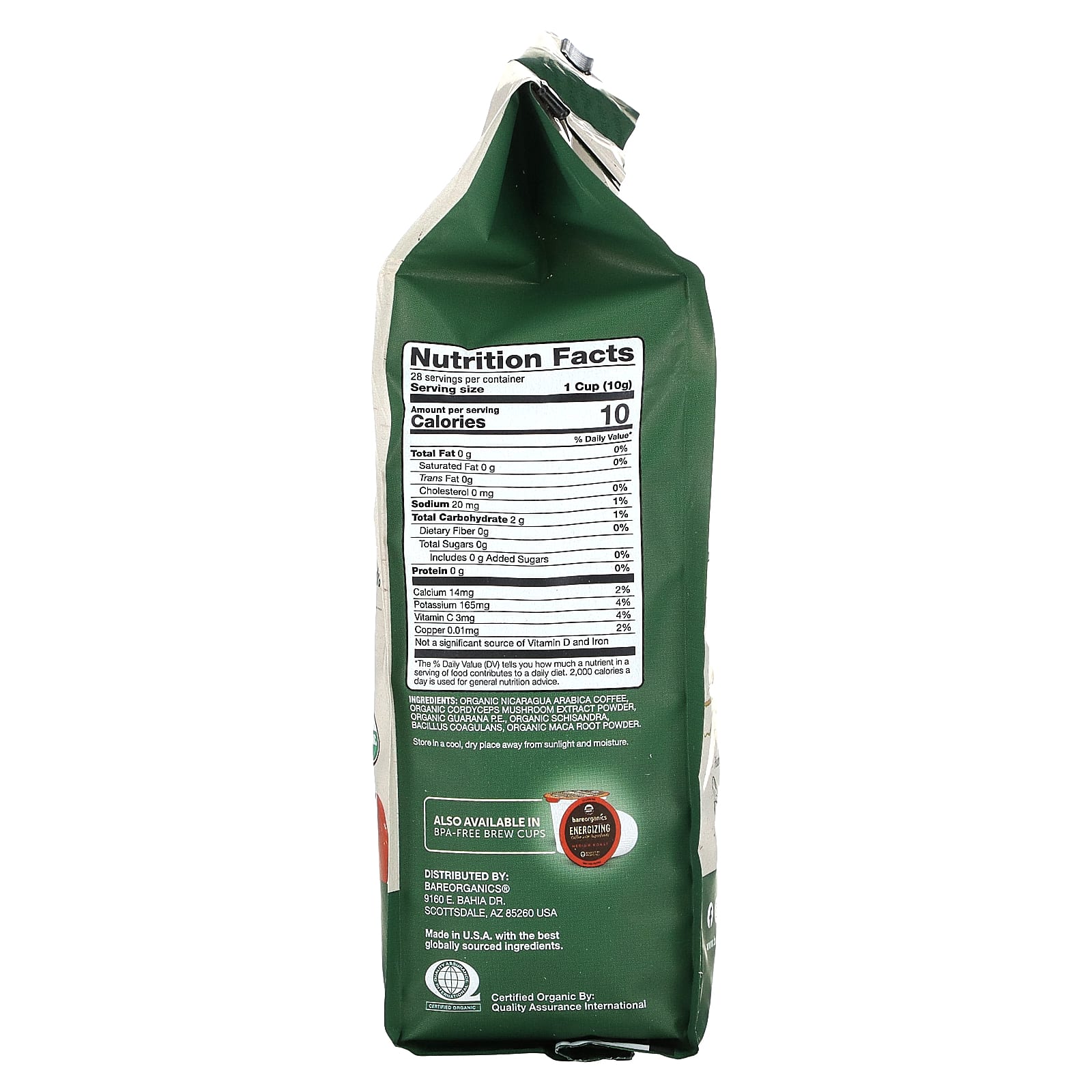 BareOrganics, Бодрящий кофе с суперфудами, молотый, средней обжарки, 283 г (10 унций)
