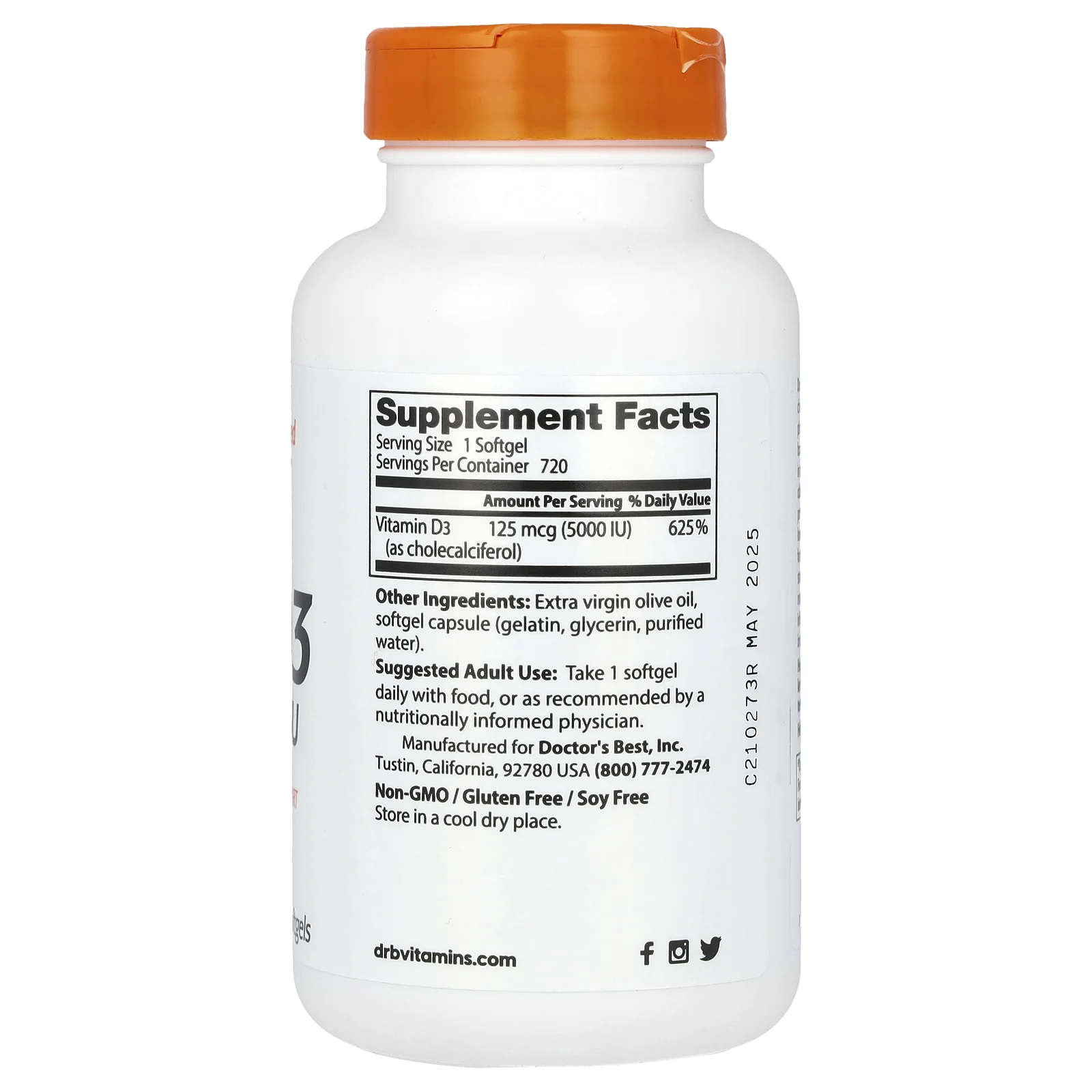 Doctor's Best, Витамин D3, 125 мкг (5000 МЕ), 720 мягких таблеток