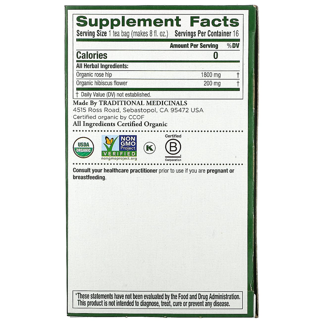 Traditional Medicinals, органические плоды шиповника с гибискусом, без кофеина, 16 чайных пакетиков в упаковке, 32 г (1,13 унции)