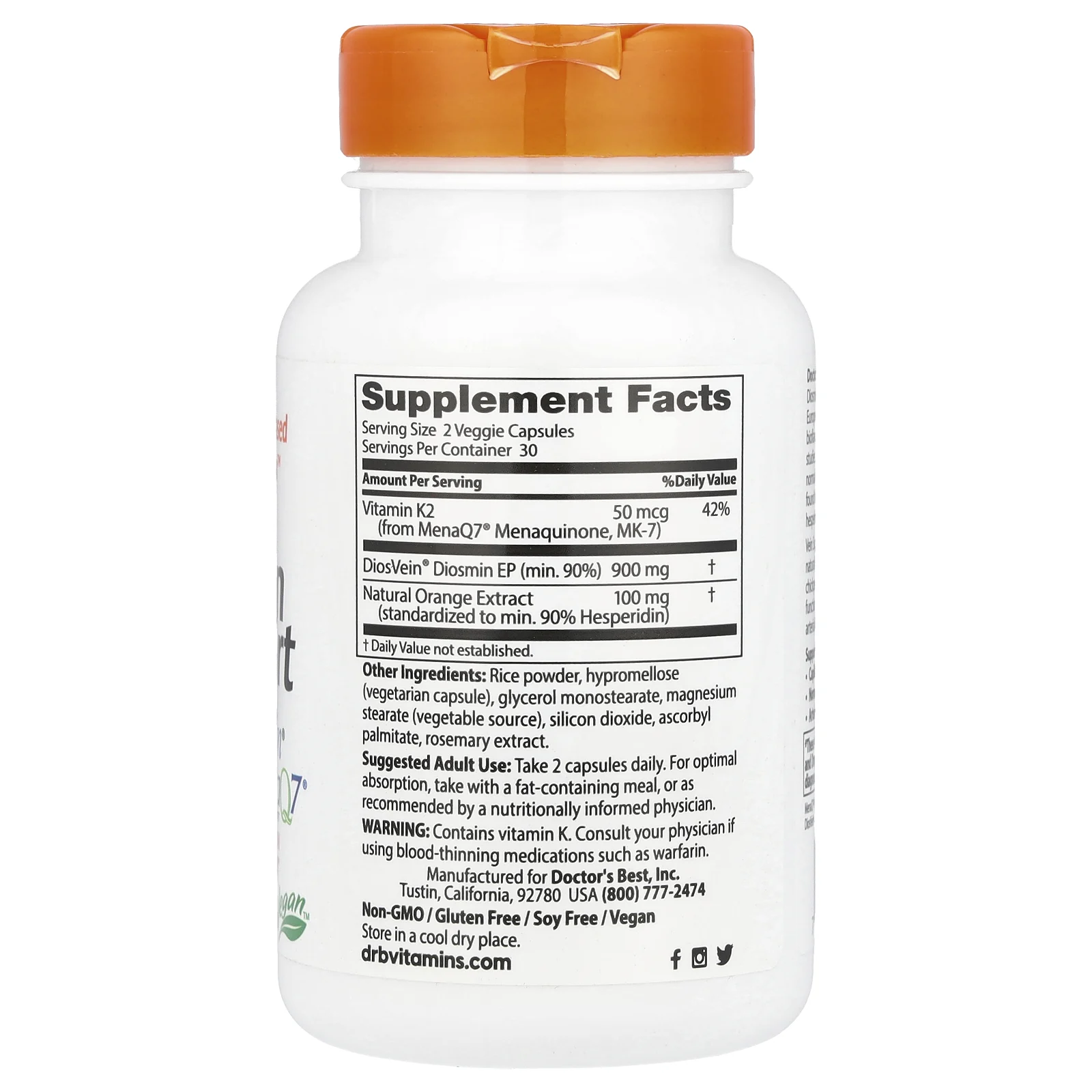 Doctor's Best, Vein Support, поддержка для вен с DiosVein и MenaQ7, 60 вегетарианских капсул