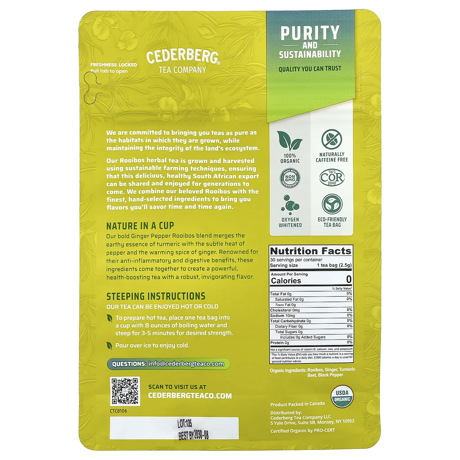 Cederberg Tea Co, ройбуш с имбирем, перцем и куркумой, без кофеина, 75 г (2,6 унции)