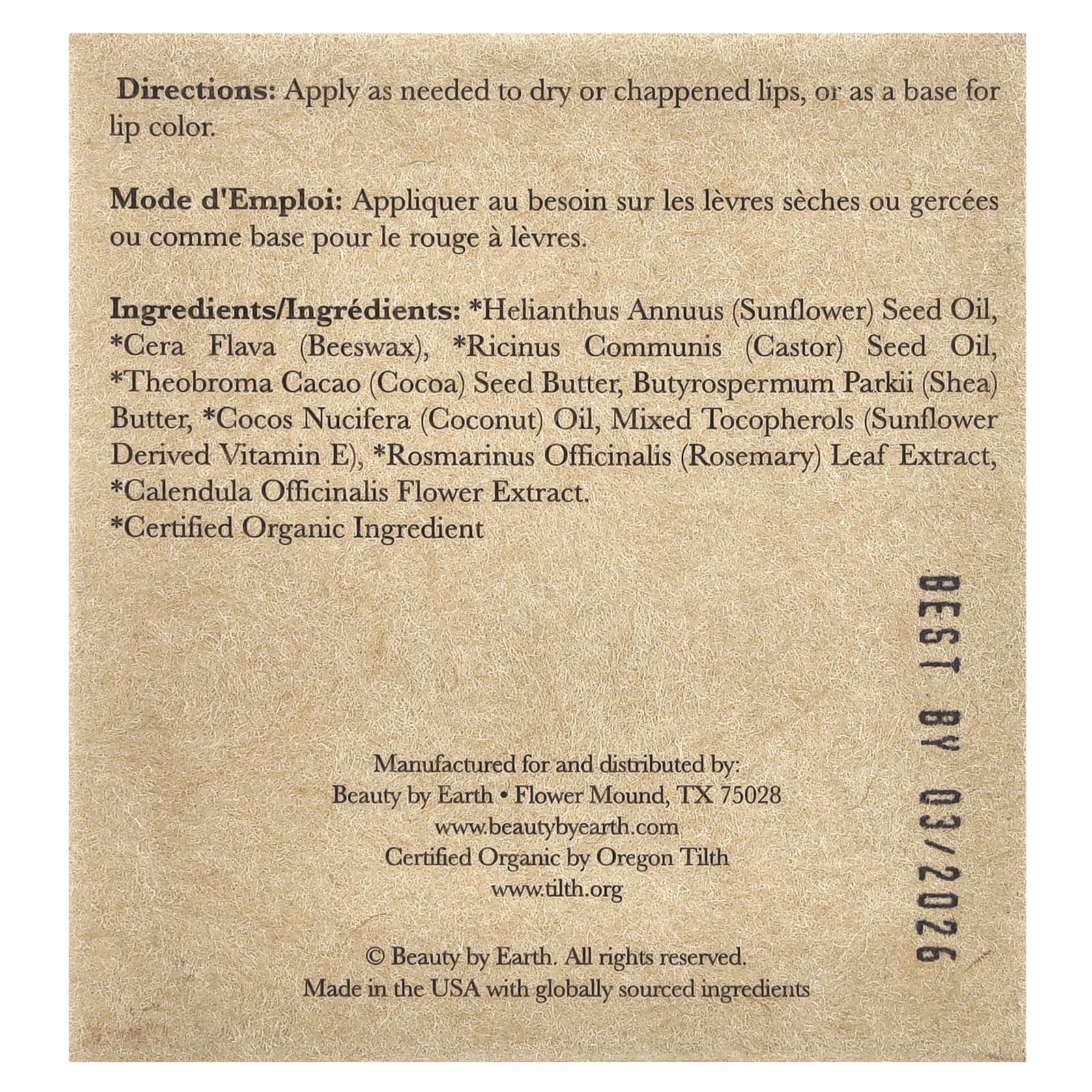 Beauty By Earth, органический бальзам для губ с пчелиным воском, оригинальный без добавок, 4 тюбика по 0,15 унции