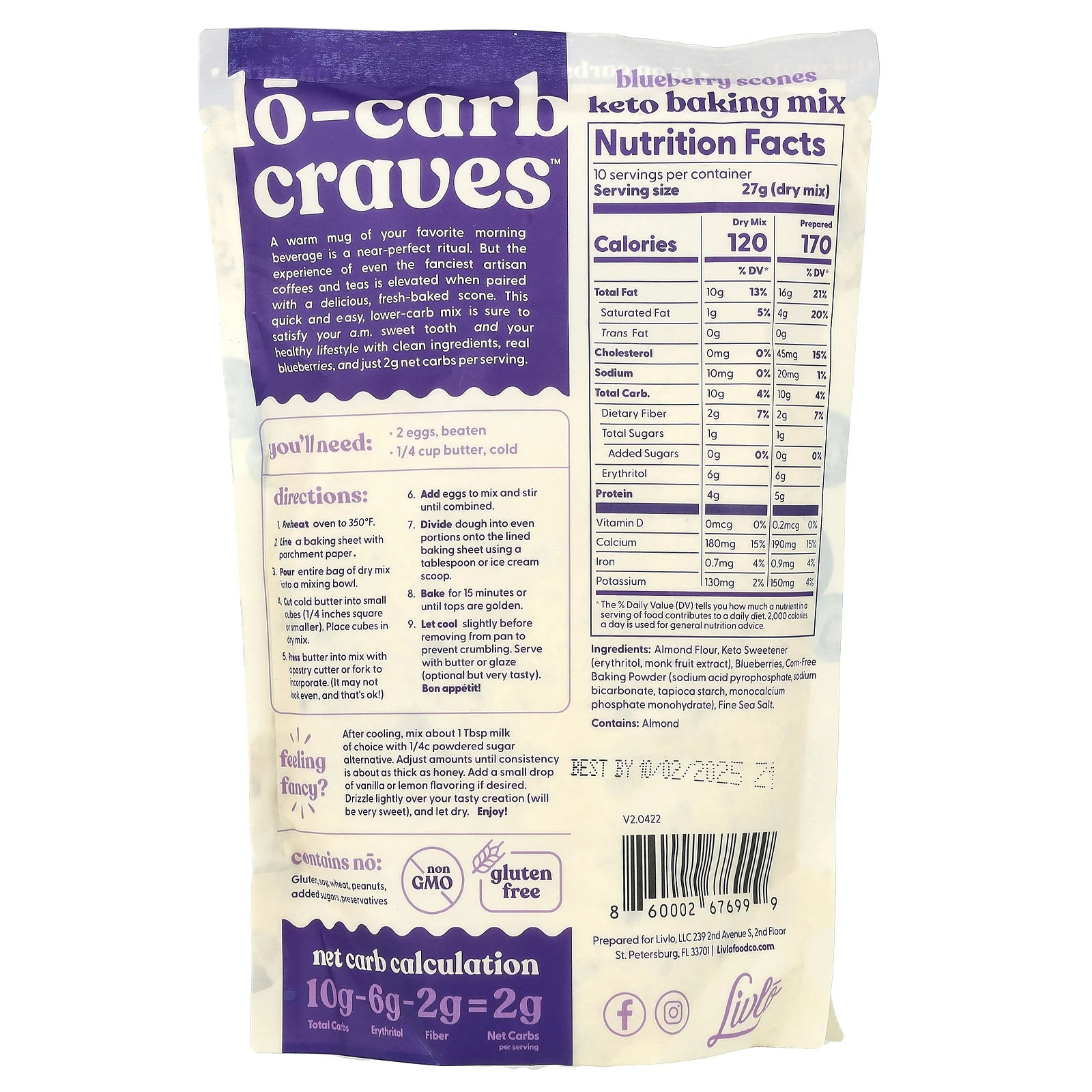 Livlo, Blueberry Scones, смесь для кето-выпечки с настоящей голубикой, 269 г (9,5 унции)