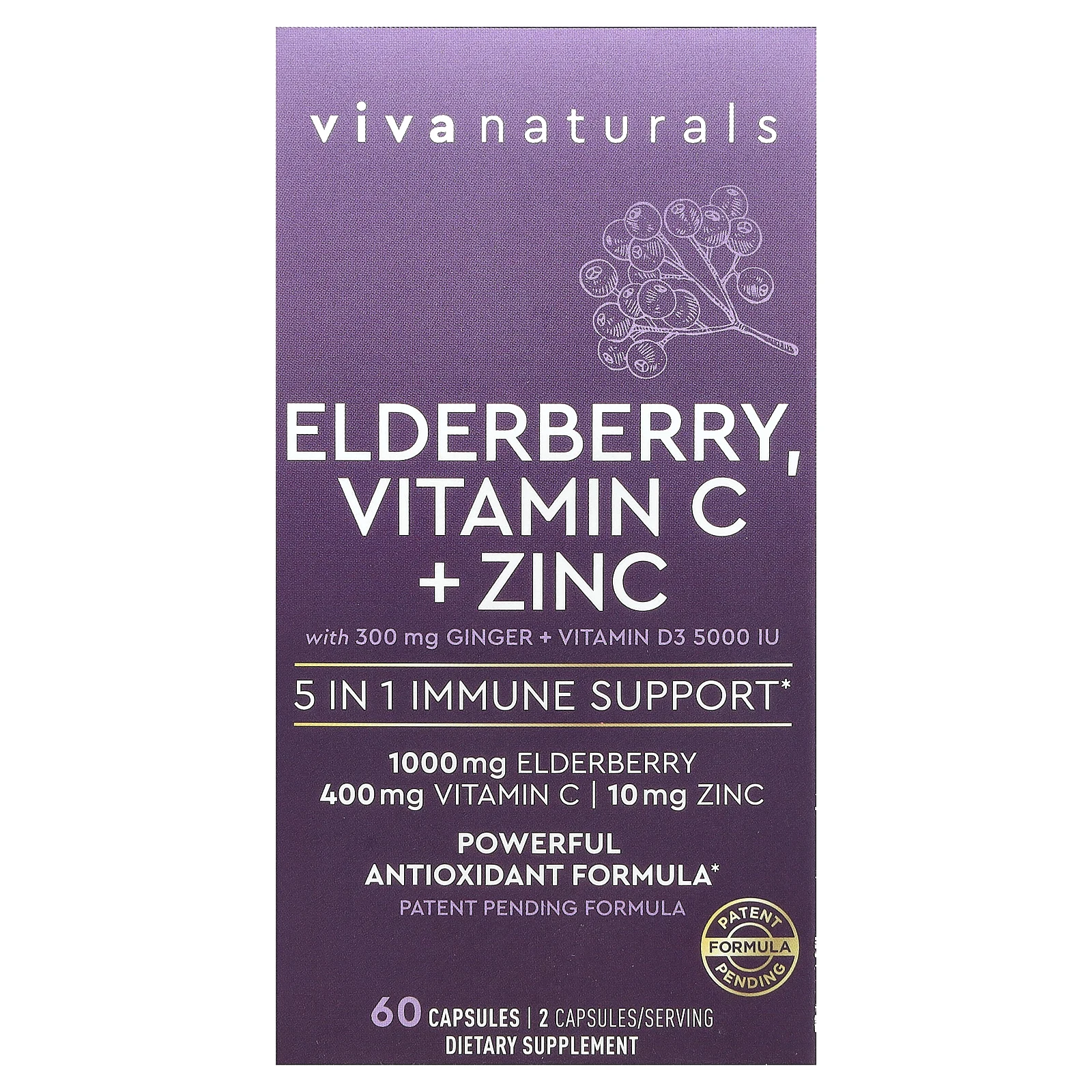 Viva Naturals, бузина, витамин C, цинк и имбирь, 60 капсул