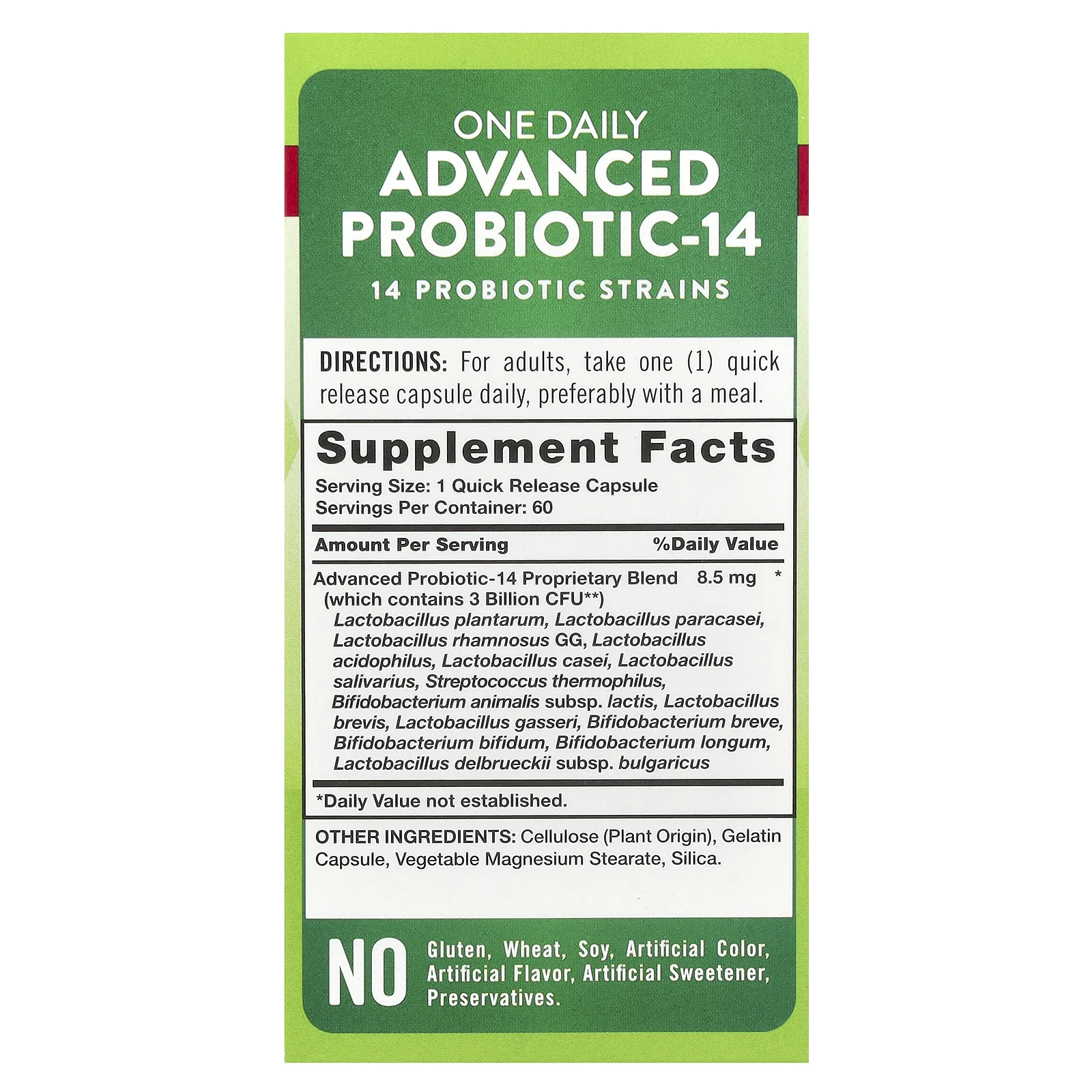 Nature's Truth, Один улучшенный пробиотик-14 в день, 3 млрд КОЕ, 60 капсул с быстрым высвобождением