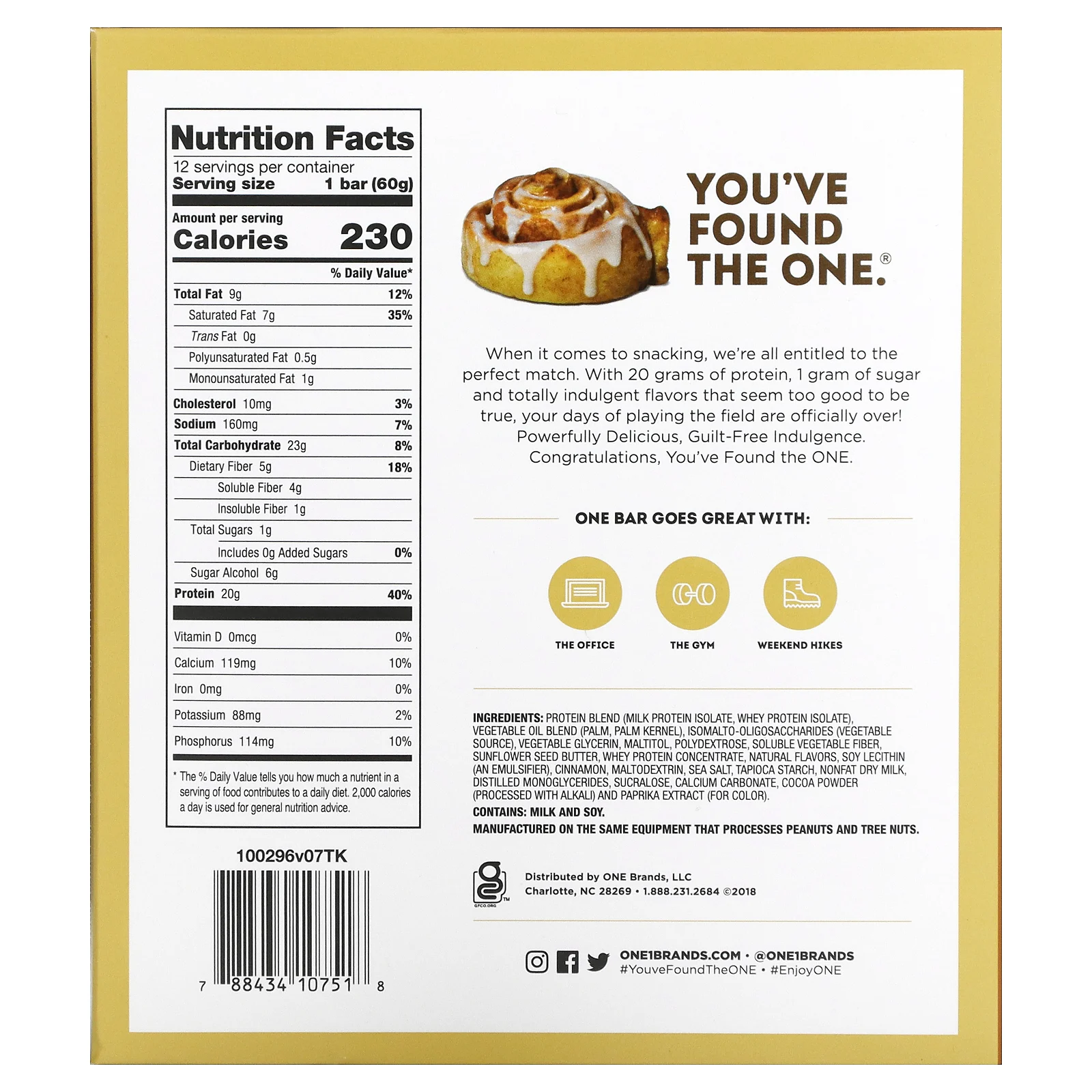 One Brands, ONE Bar, булочка с корицей, 12 батончиков по 60 г (2,12 унции)