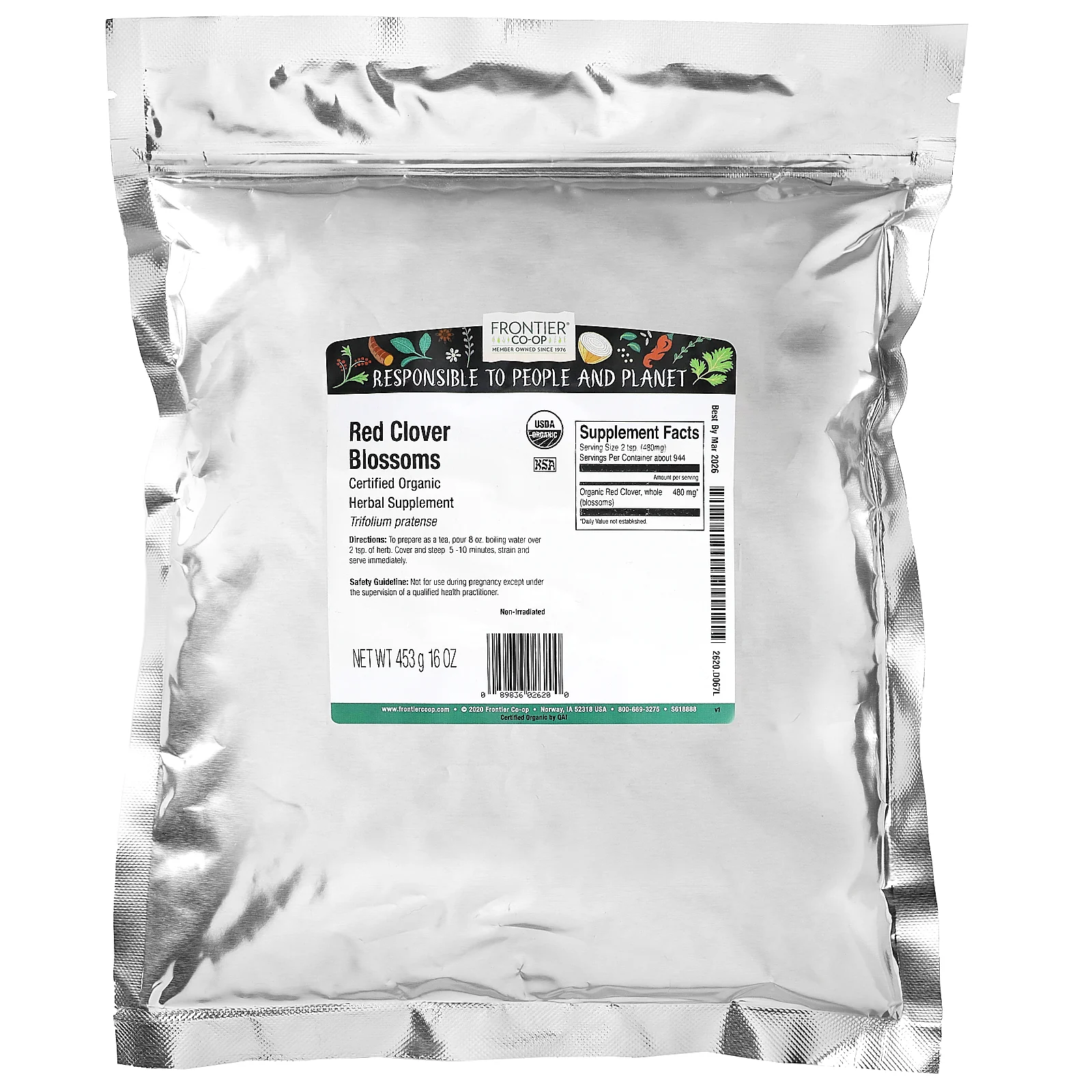 Frontier Co-op, Органические цветки красного клевера, 453 г (16 унций)