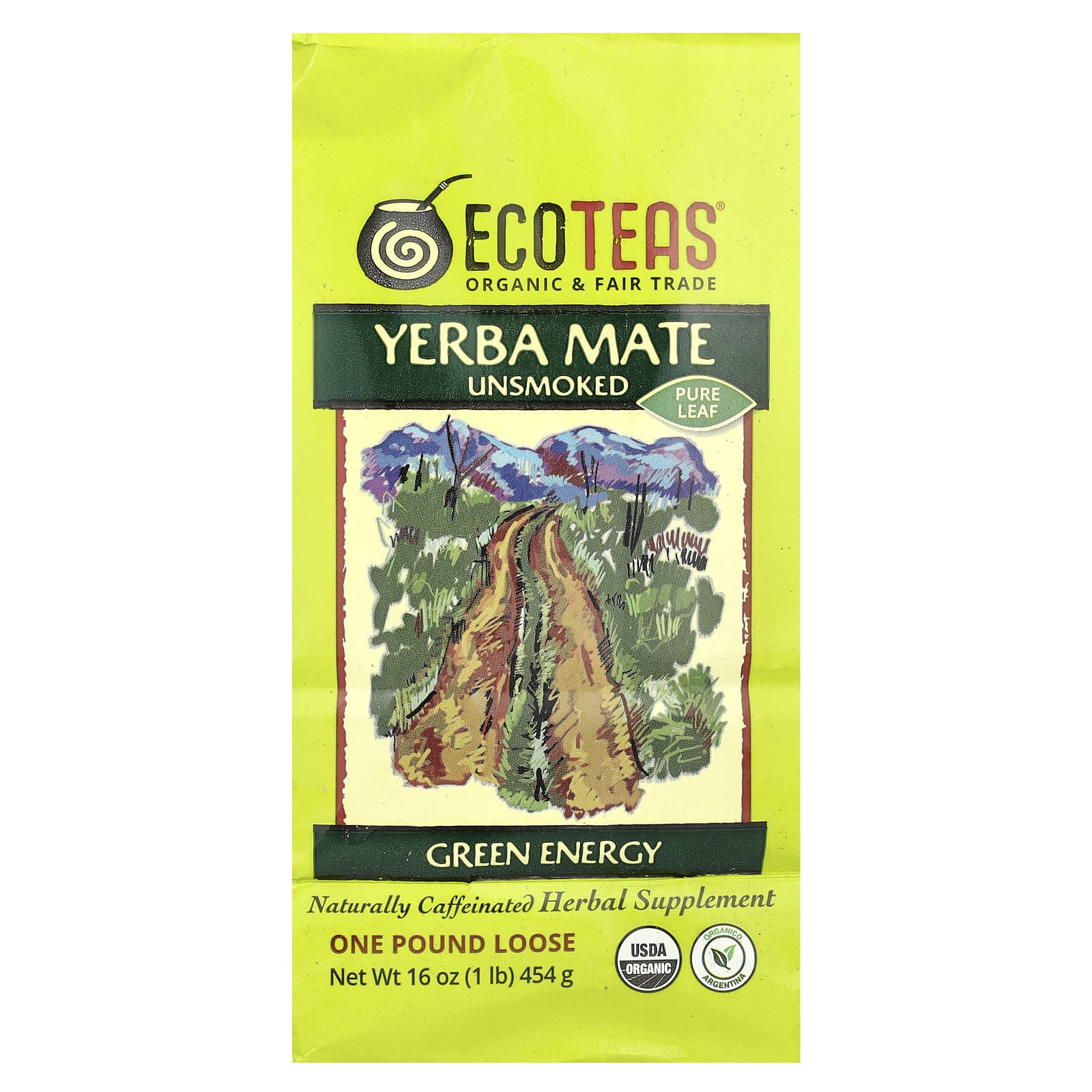 EcoTeas, листовой рассыпной чистый чай йерба мате, некопченный, зеленая энергия, 454 г (16 унций)