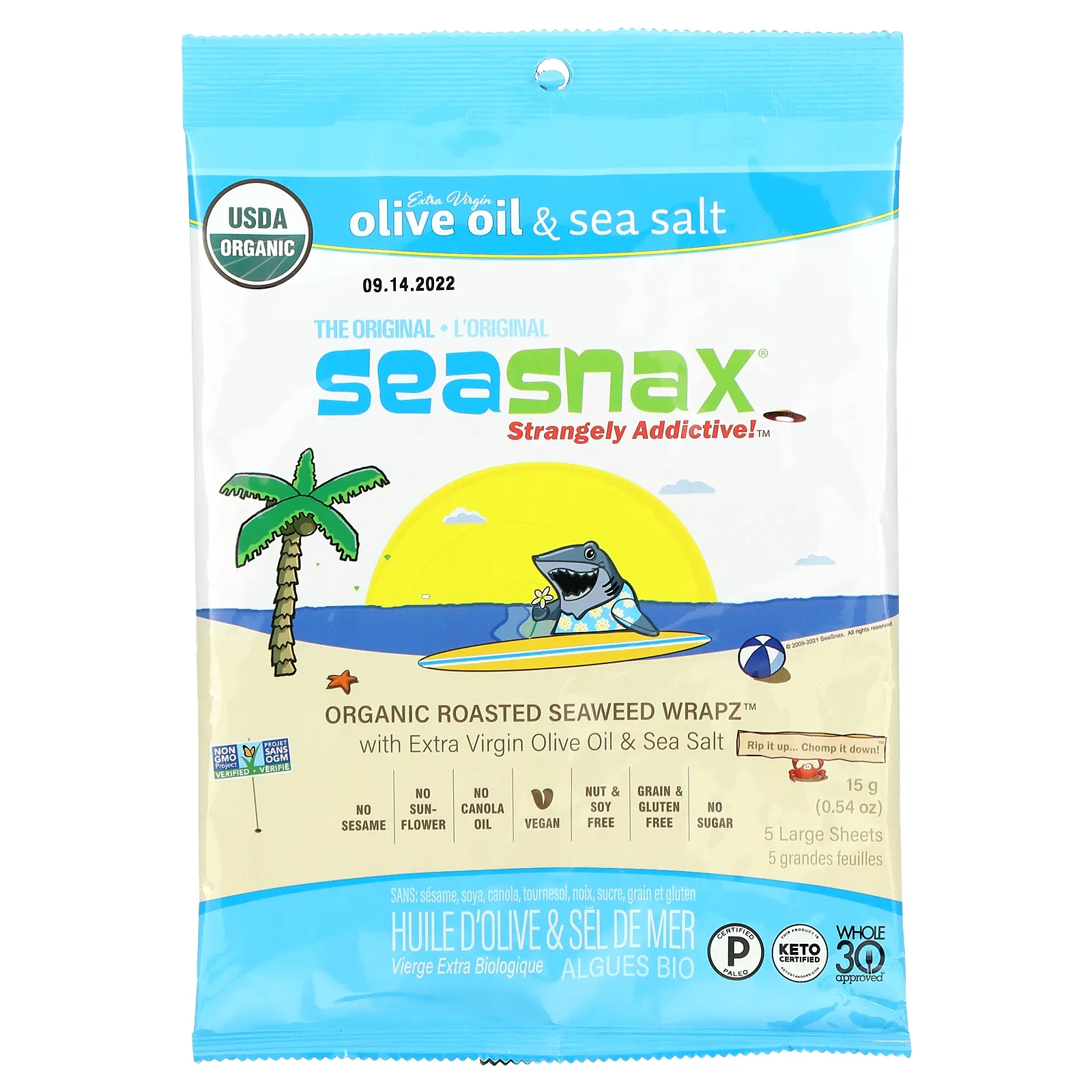 SeaSnax, упаковка органических обжаренных водорослей, оригинальный вкус, 5 больших листов, 15 г (0,54 унции)