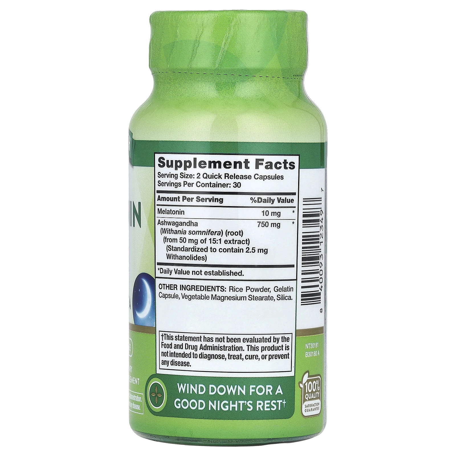 Nature's Truth, мелатонин для сна с ашвагандой, 10 мг, 60 капсул с быстрым высвобождением (5 мг в 1 капсуле)