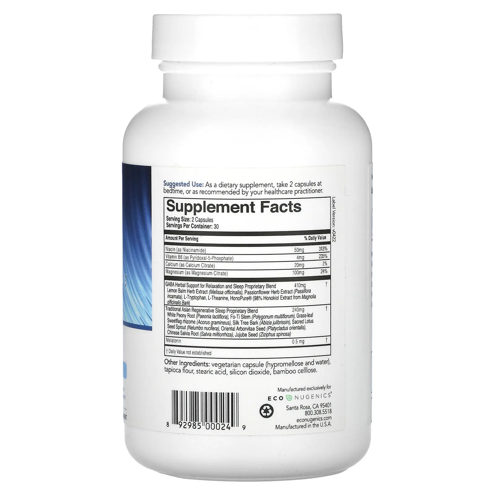 Econugenics, ecoSleep, восстанавливающее восстановление сна, 60 вегетарианских капсул