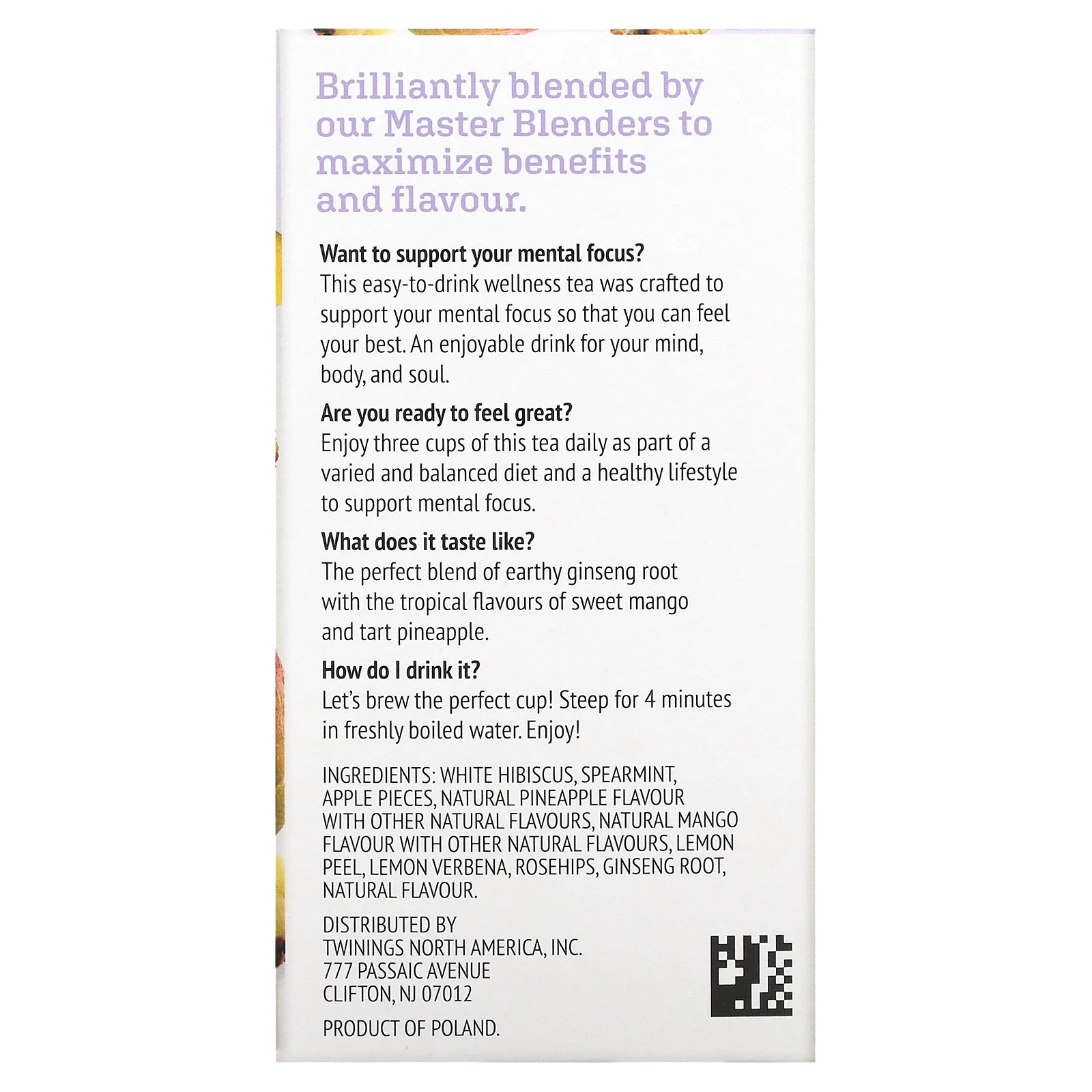 Twinings, Focus Herbal Tea, травяной чай с женьшенем, манго и ананасом, без кофеина, 18 чайных пакетиков, 27 г (0,95 унции)