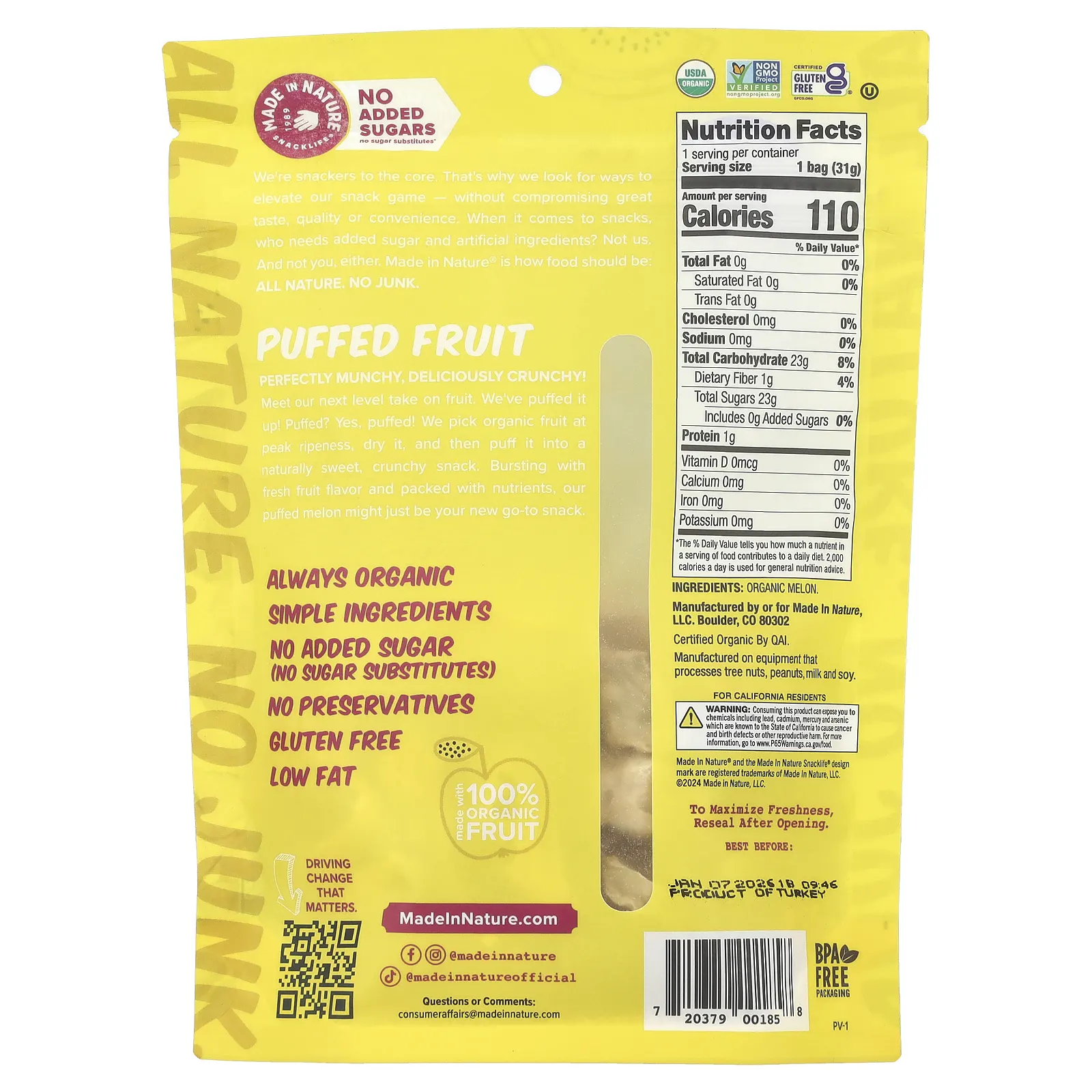 Made in Nature, Воздушные фрукты, дыня, 31,2 г (1,1 унции)