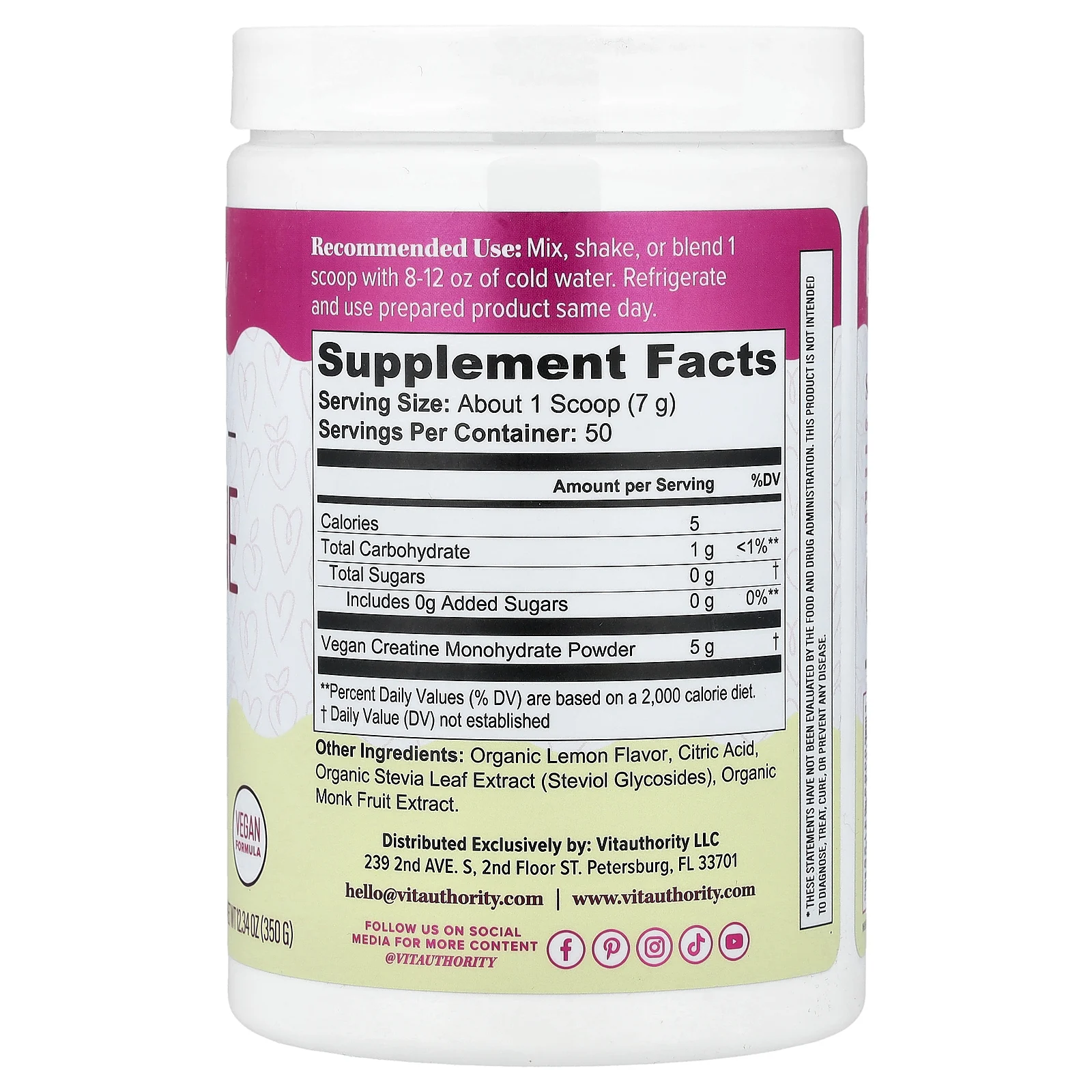 Vitauthority, Active, моногидрат креатина для женщин, со вкусом лимонада, 350 г (12,34 унции)