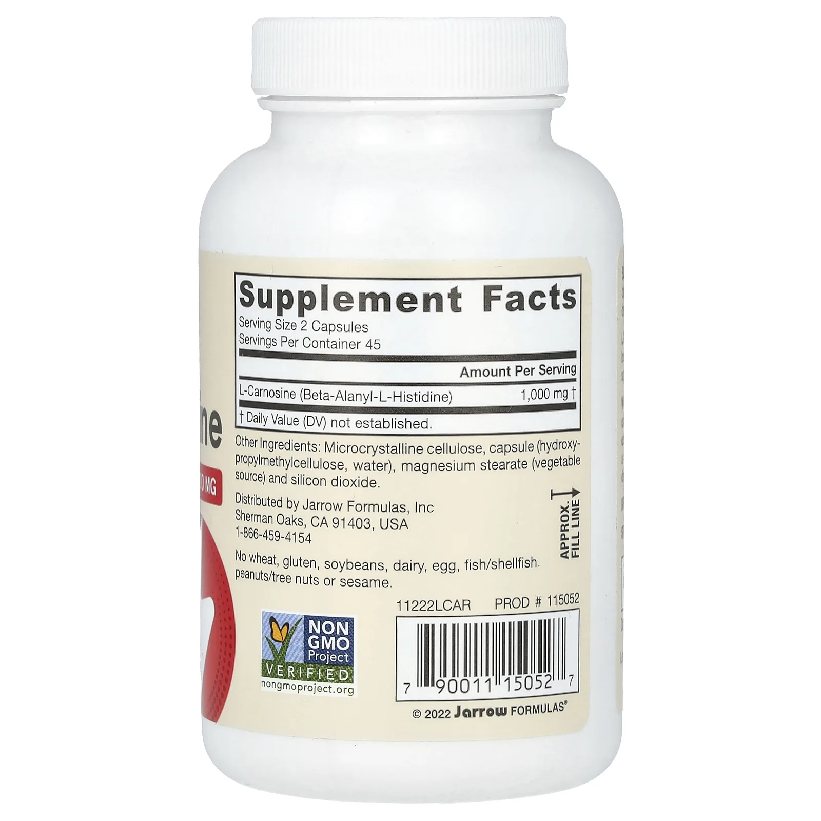 Jarrow Formulas, L-карнозин, 1000 мг, 90 растительных капсул (500 мг в 1 капсуле)