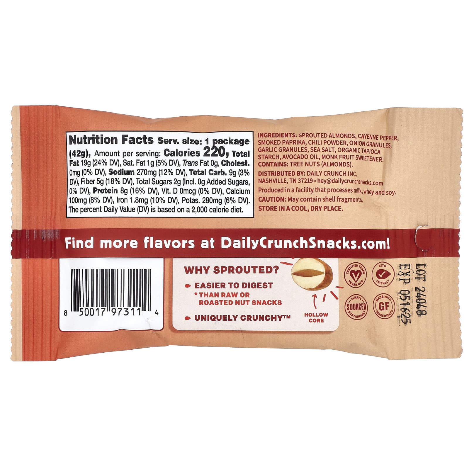 Daily Crunch, Пророщенный миндаль, острый по Нэшвиллу, 42 г (1,5 унции)