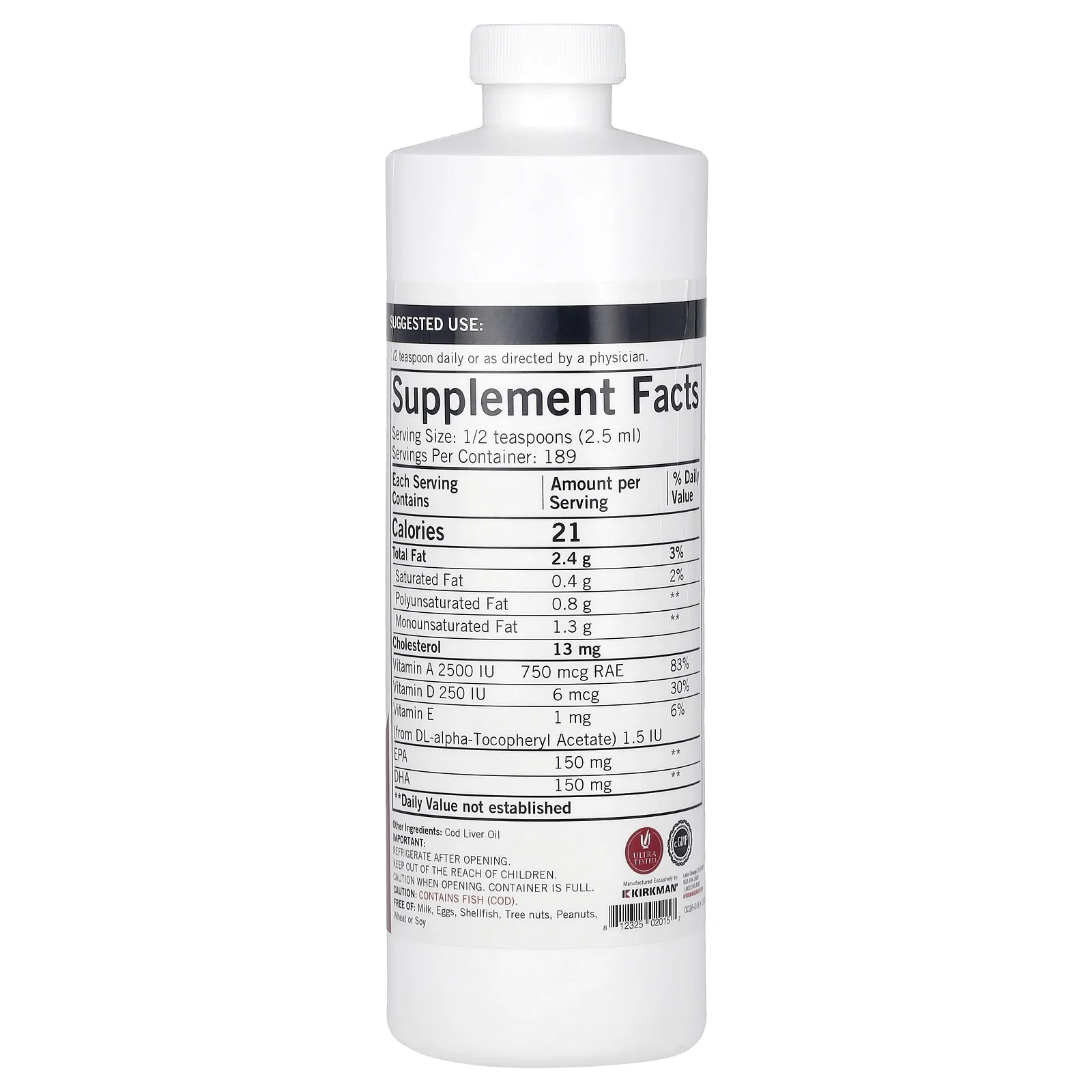 Kirkman Labs, жидкий жир печени трески, без запаха, 473 мл (16 жидк. унций)