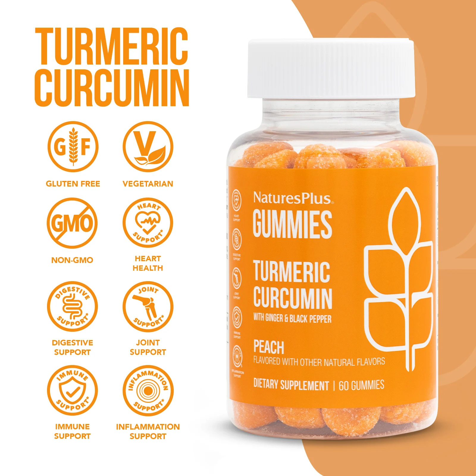 NaturesPlus, Куркумин с имбирем и черным перцем, персик, 60 жевательных таблеток