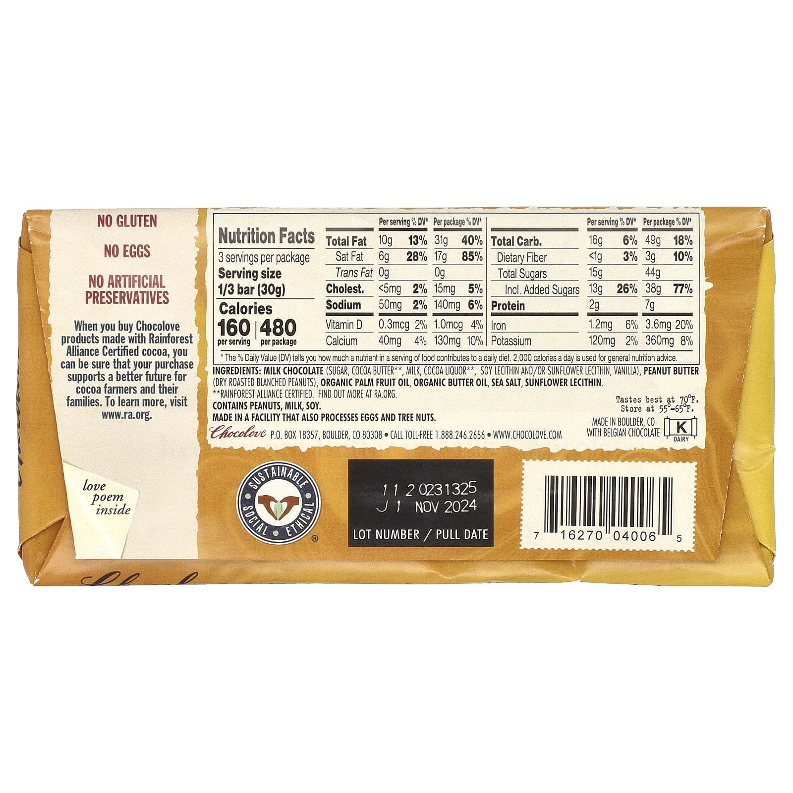 Chocolove, Соленая арахисовая паста в молочном шоколаде, 33% какао, 90 г (3,2 унции)