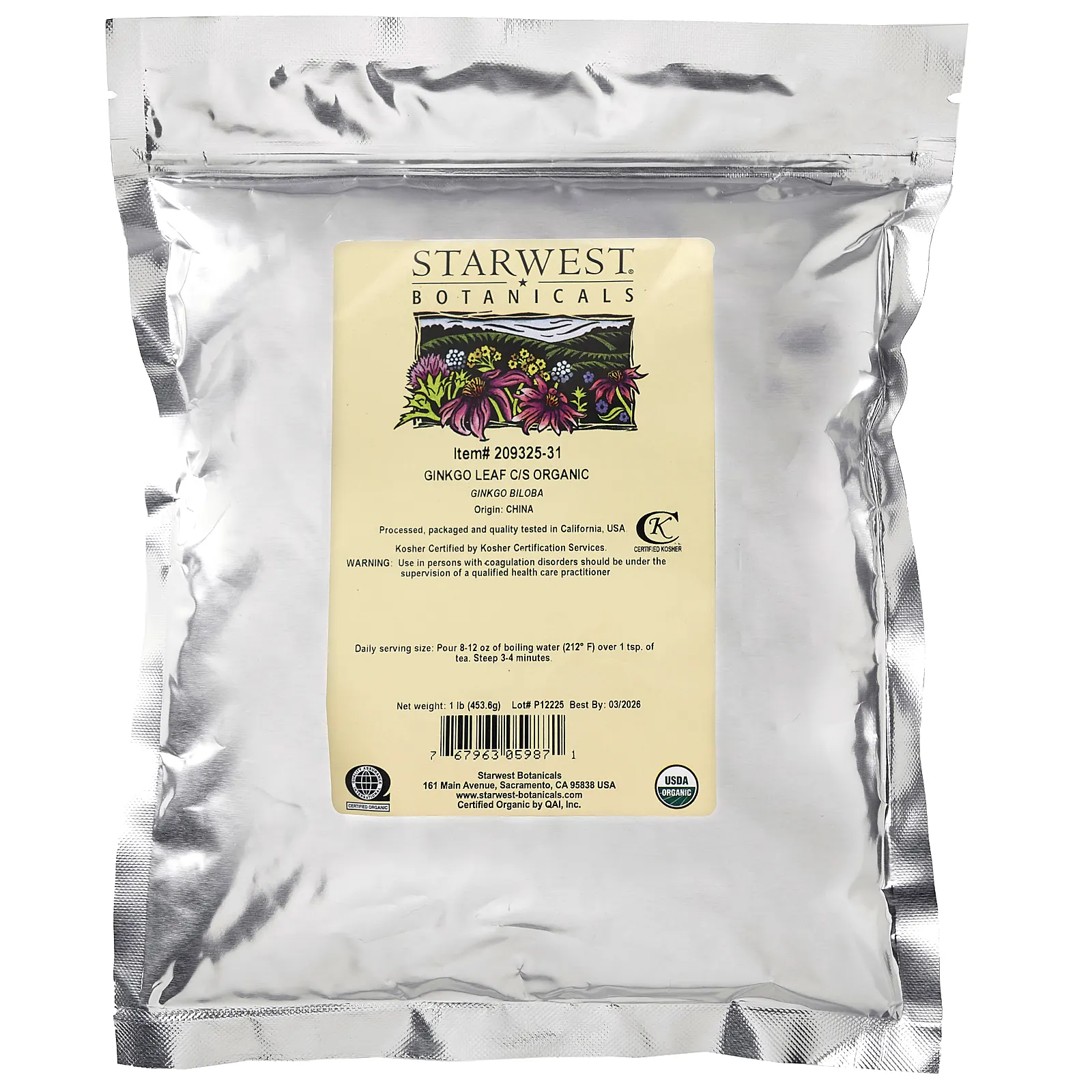 Starwest Botanicals, Органические листья гинкго (C / S), 453,6 г (1 фунт)