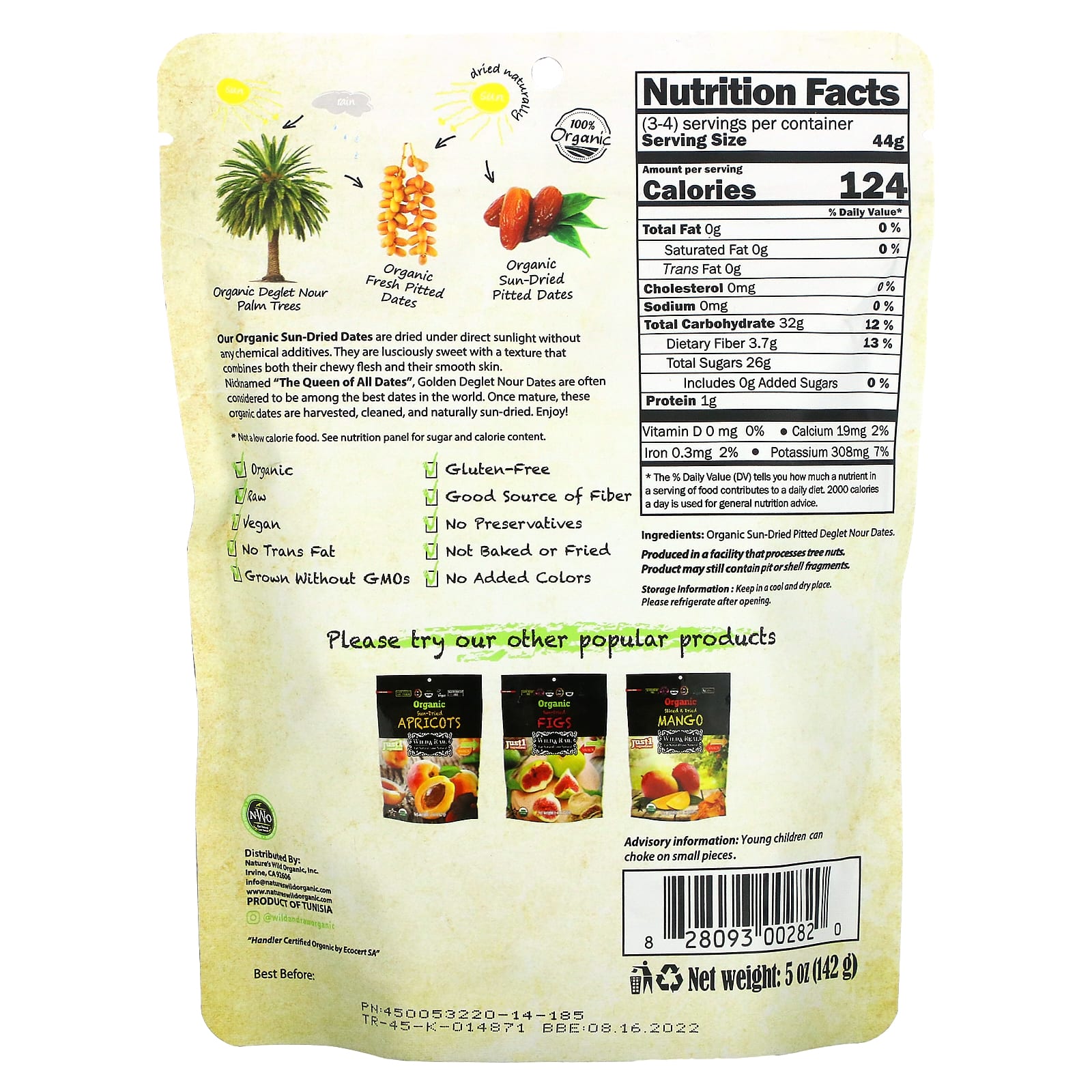 Nature's Wild Organic, Высушенные на солнце органические финики без косточек, сорт  деглет нур , 5 унц. (142 г)