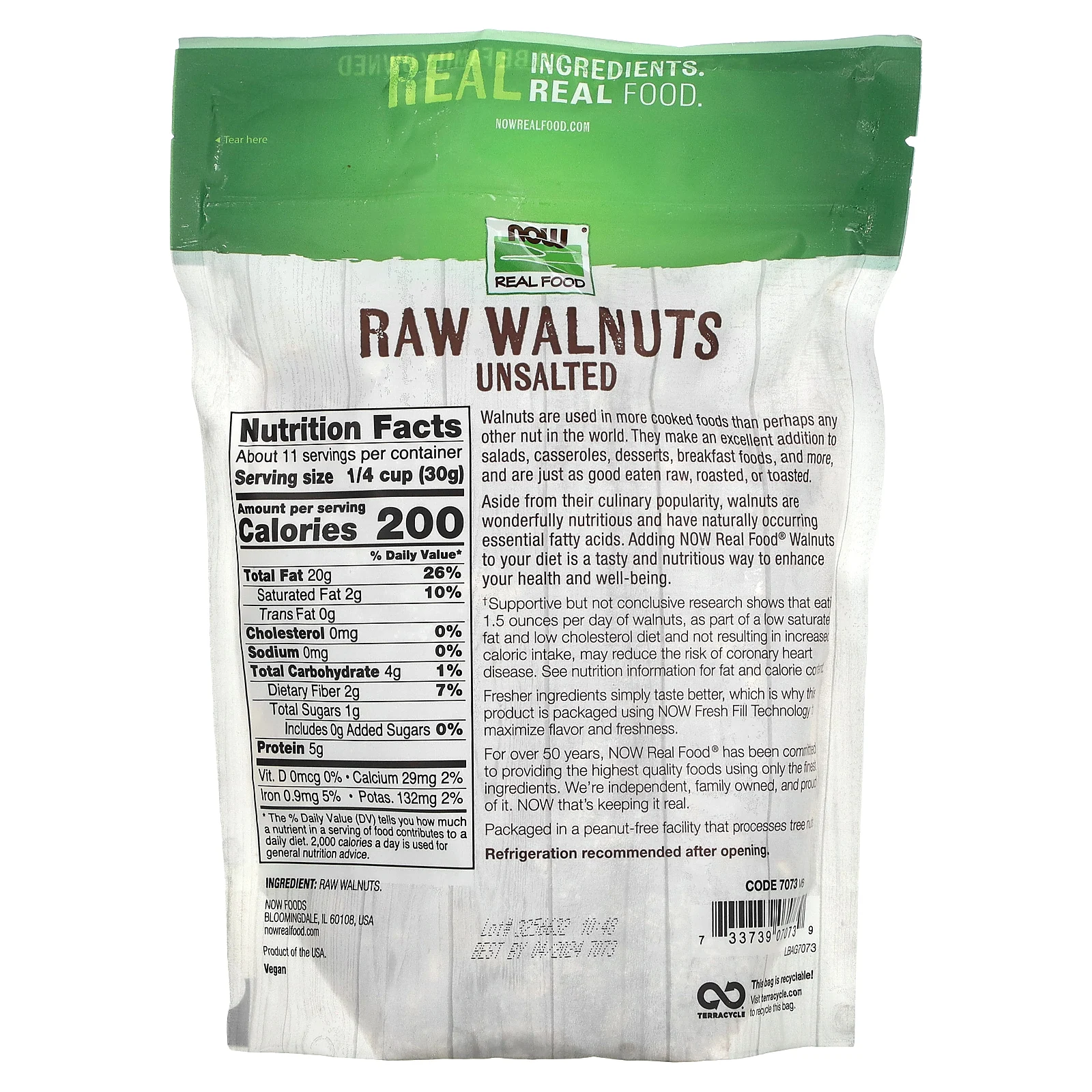 NOW Foods, Real Food, сырые грецкие орехи, несоленые, 340 г (12 унций)