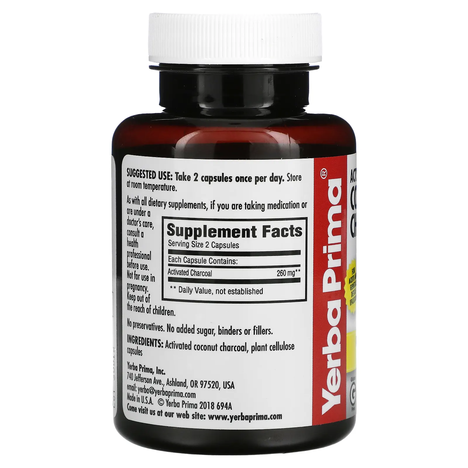 Yerba Prima, Активированный кокосовый уголь, 60 вегетарианских капсул