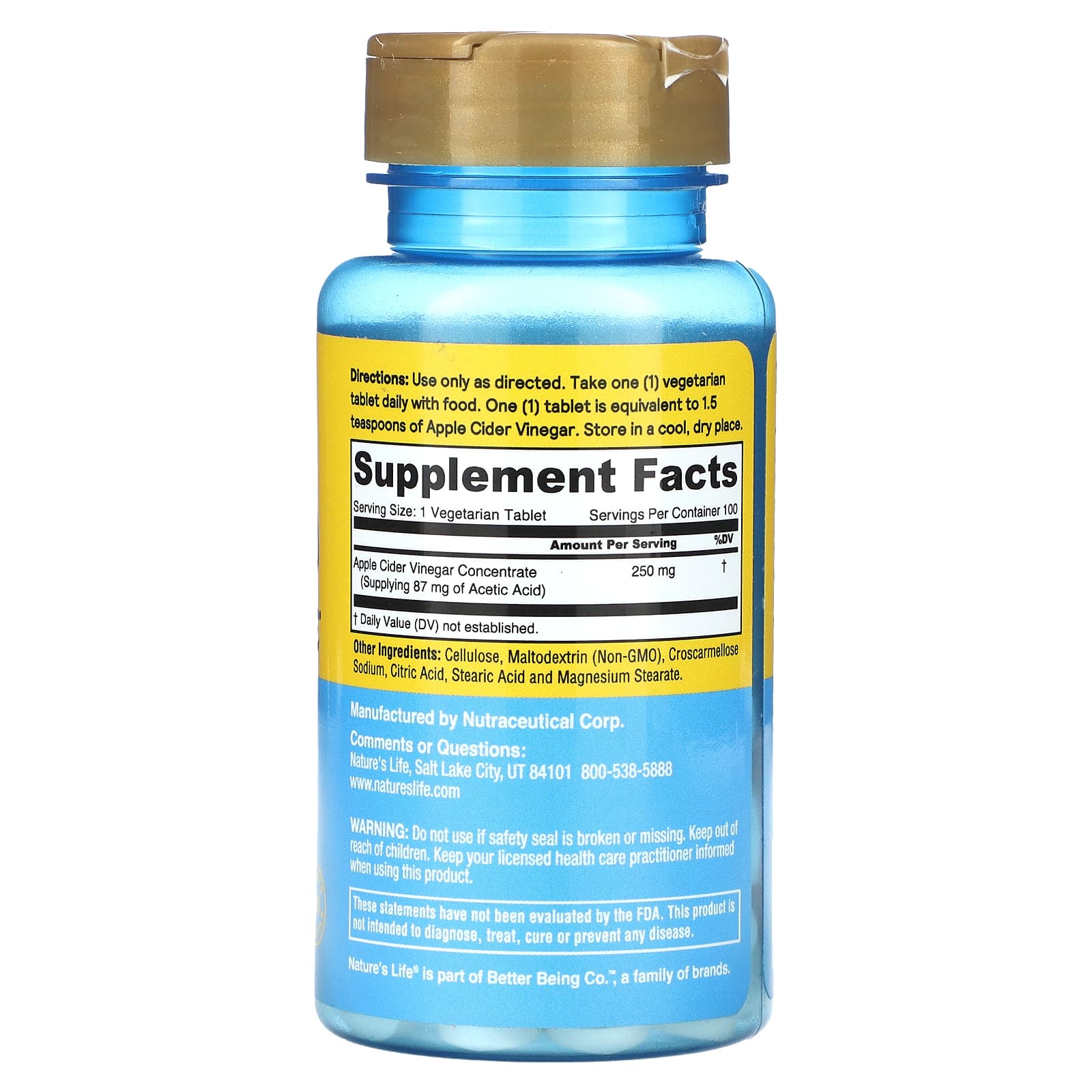 Nature's Life, Яблочный уксус, 250 мг, 100 таблеток