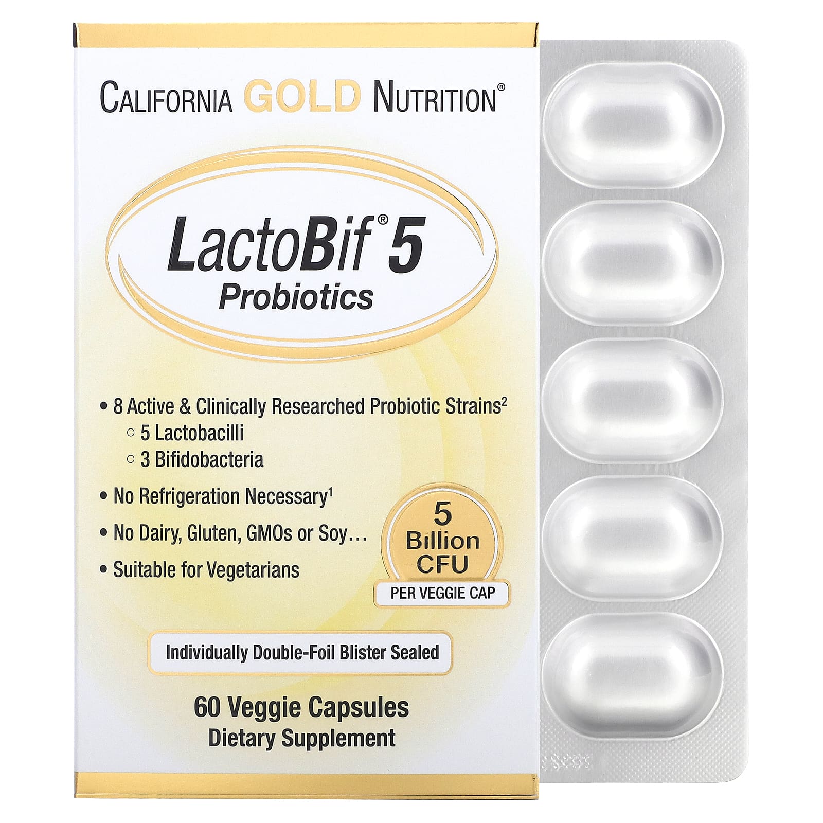 California Gold Nutrition, LactoBif 5, пробиотики, 5 млрд КОЕ, 60 вегетарианских капсул