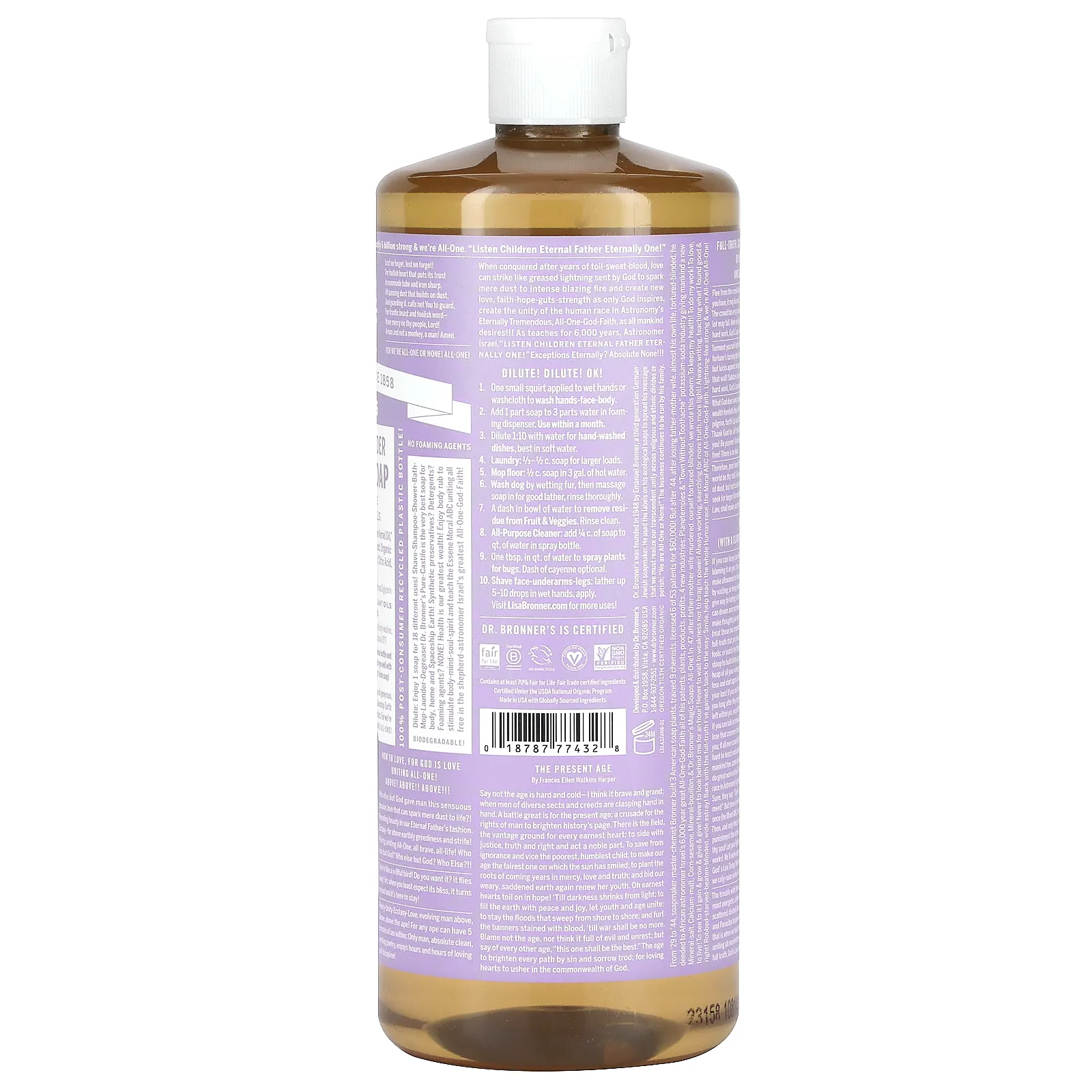 Dr. Bronner's, Чистое кастильское мыло из конопли 18 в 1, лаванда, 946 мл (32 жидк. Унции)