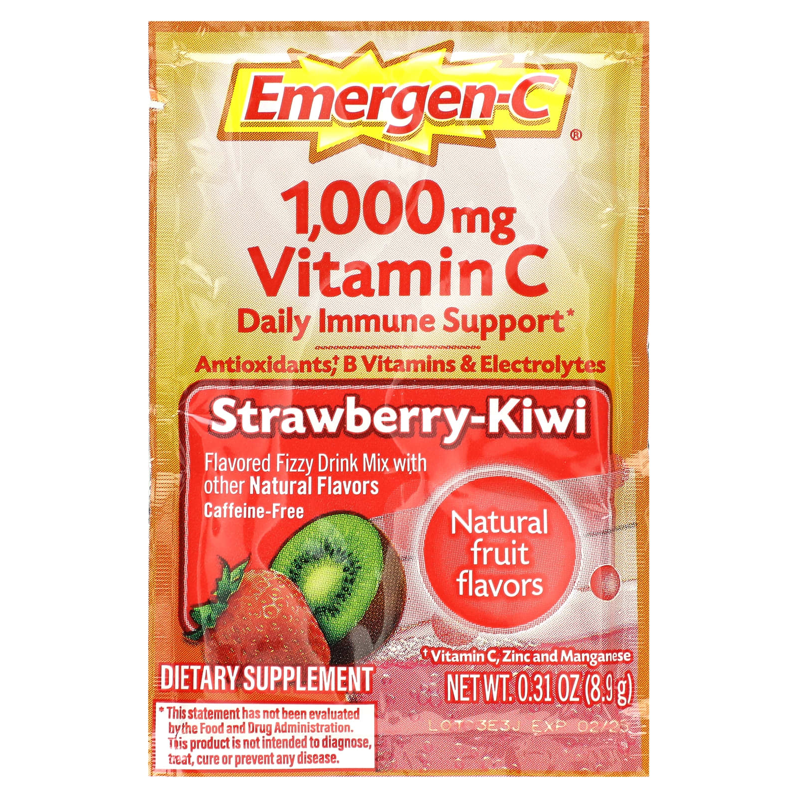 Emergen-C, Витамин C, смесь ароматизированных газированных напитков, клубника-киви, 1000 мг, 30 пакетиков по 0,31 унции (8,9 г) каждый