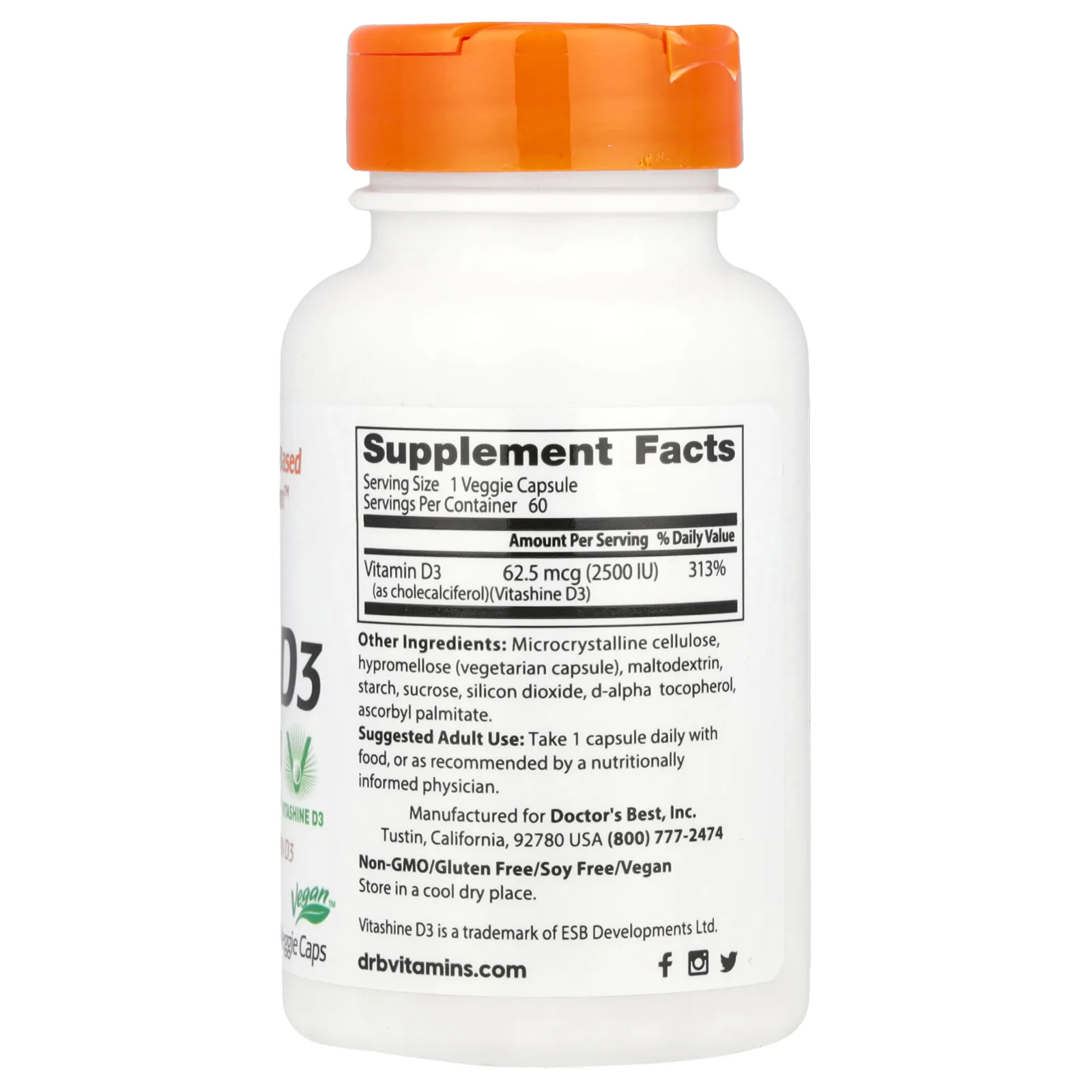 Doctor's Best, веганский витамин D3 с Vitashine D3, 2500 МЕ, 60 вегетарианских капсул