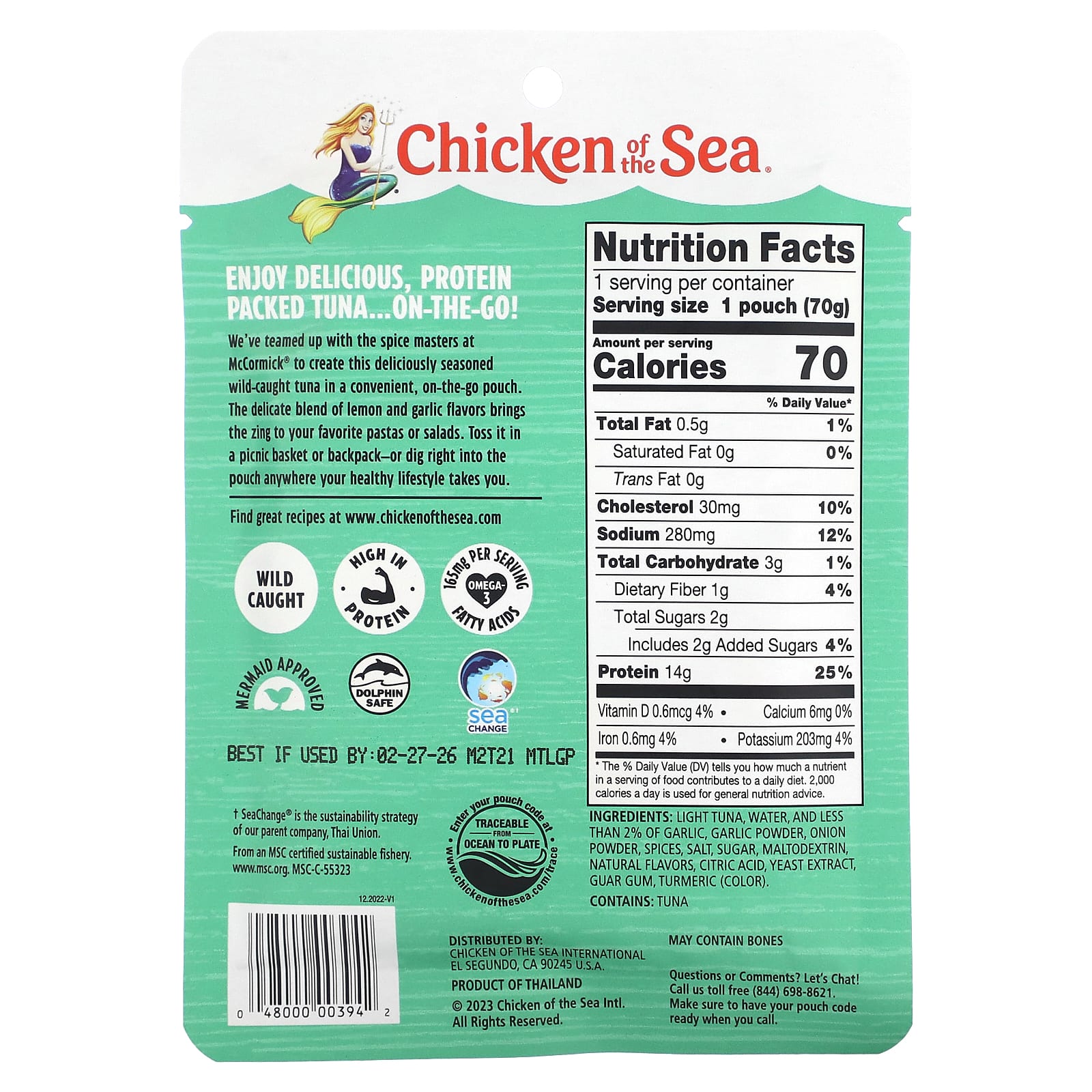 Chicken of the Sea, Дикий светлый тунец, лимон и чеснок, 70 г (2,5 унции)