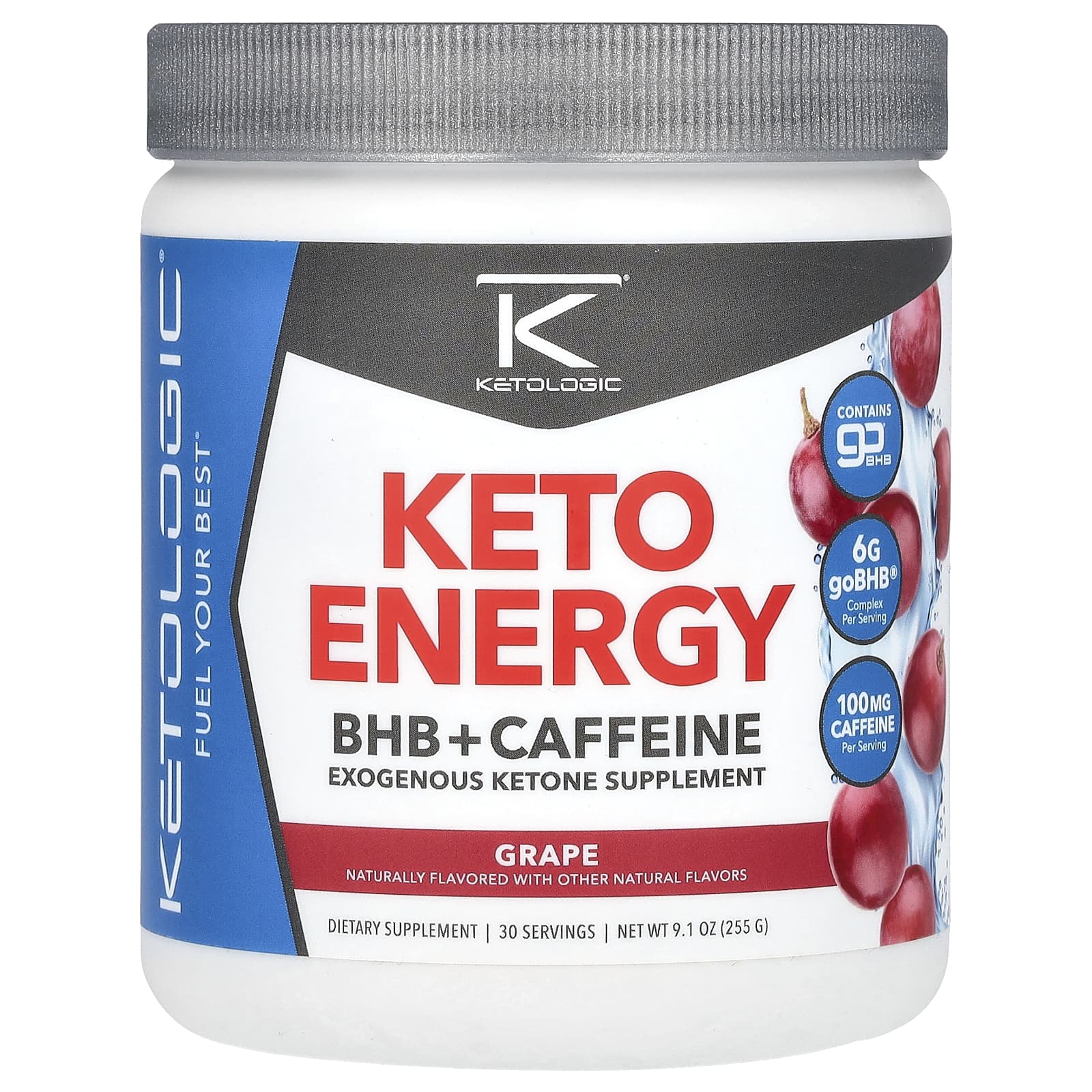 KetoLogic, Keto Energy, BHB с кофеином, со вкусом винограда, 255 г (9,1 унции)