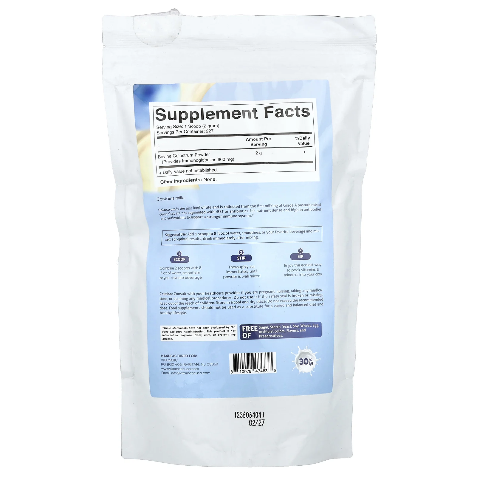 Vitamatic, Молозиво, без добавок, 454 г (16 унций)