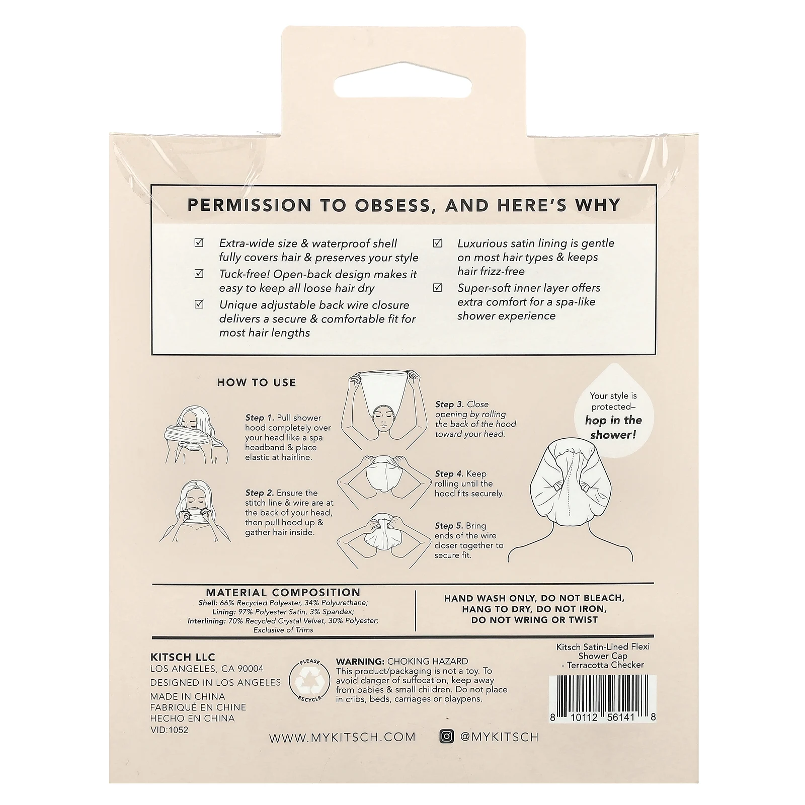 Kitsch, Шапочка для душа Flexi на сатиновой подкладке, в терракотовую клетку, 1 шт.