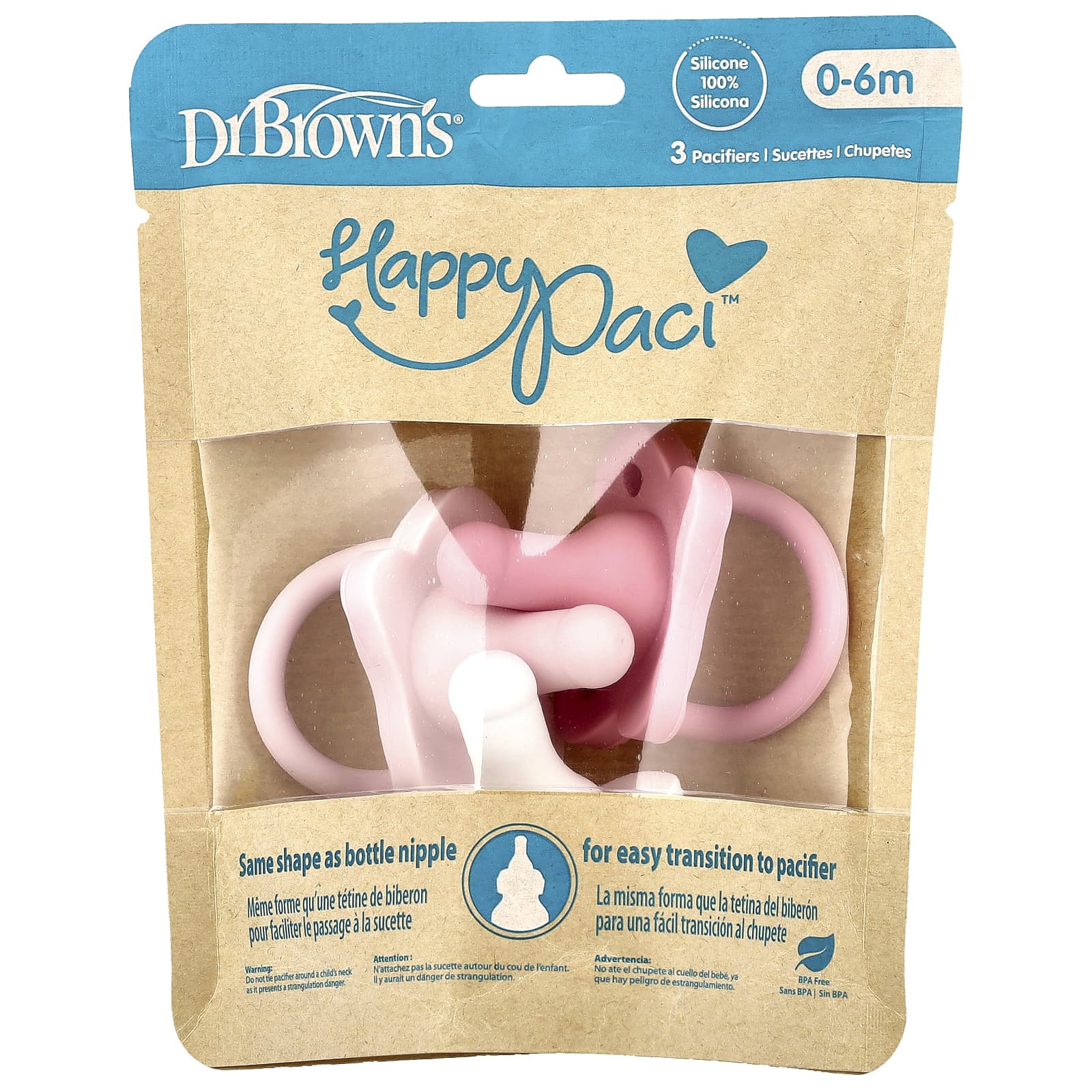 Dr. Brown's, HappyPaci™, соска, для детей 0–6 месяцев, розовая, светло-розовый и белый, 3 шт.