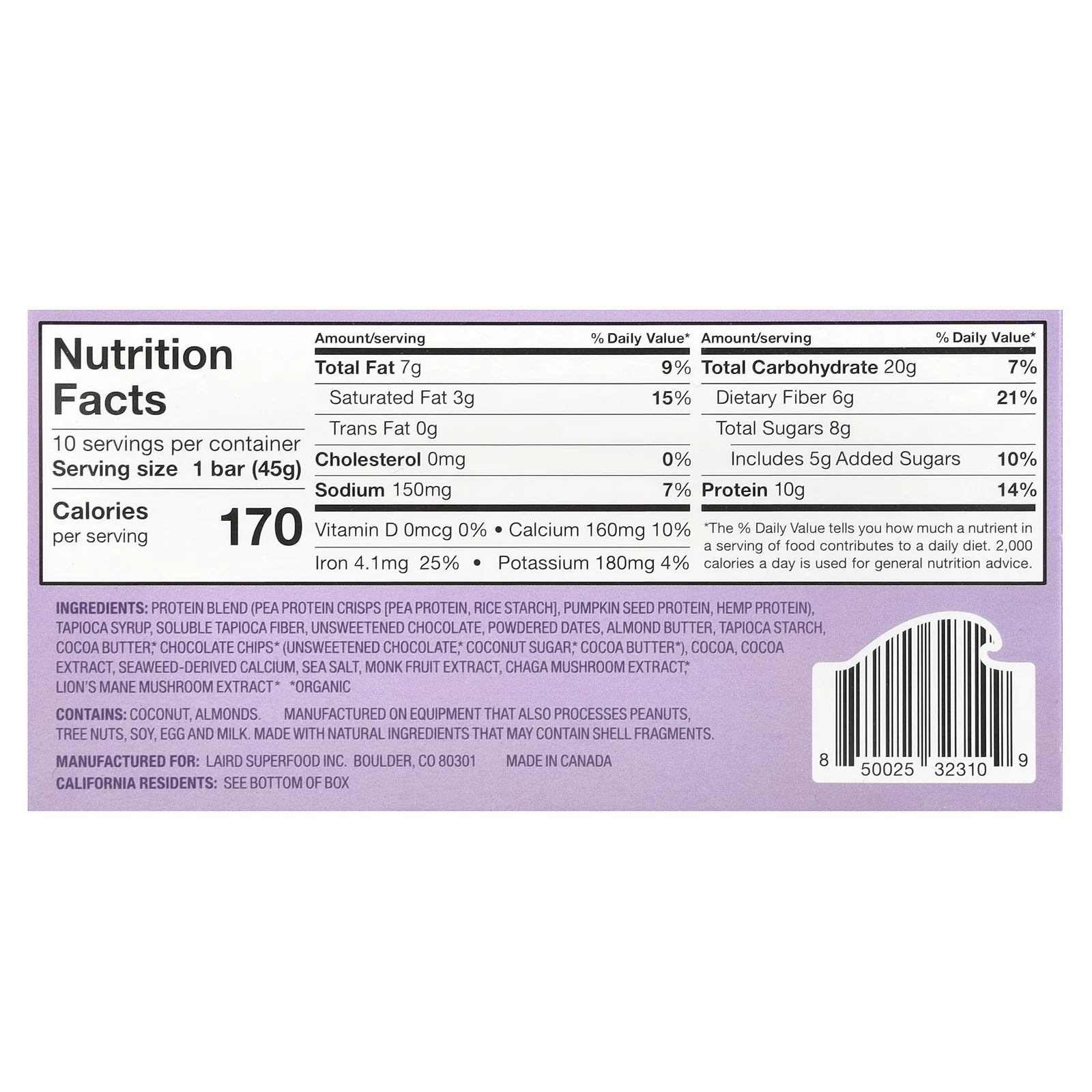 Laird Superfood, Протеиновый батончик Superfood + адаптогены, морская соль из темного шоколада, 10 пакетиков по 45 г (1,6 унции)