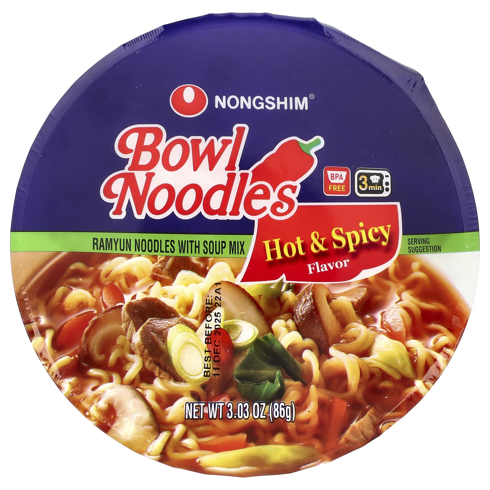 Nongshim, Bowl Noodles, лапша рамьюн со смесью для супа, острая и пряная, 86 г (3,03 унции)