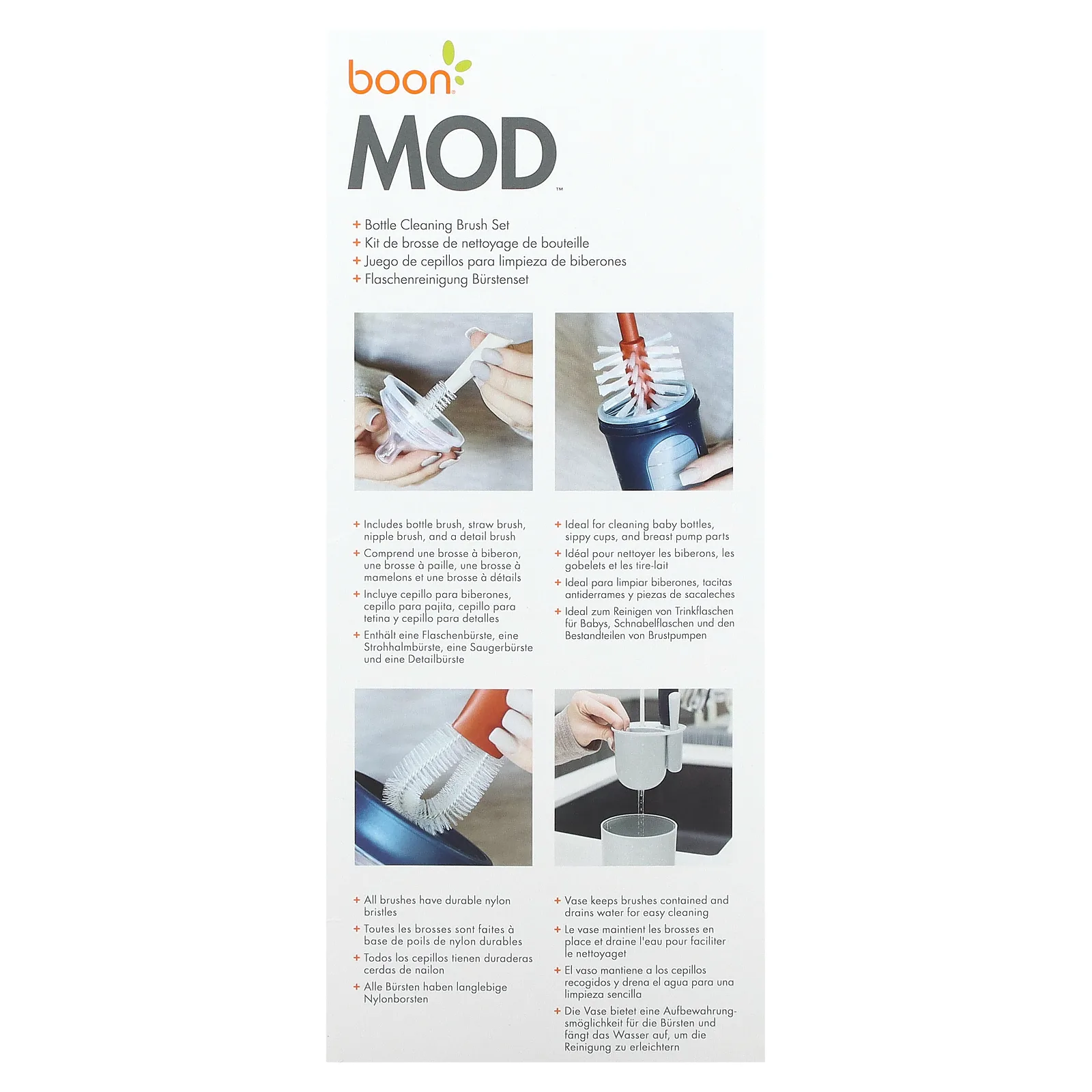 Boon, Mod, набор щеток для чистки бутылок, 4 щетки и 1 ваза