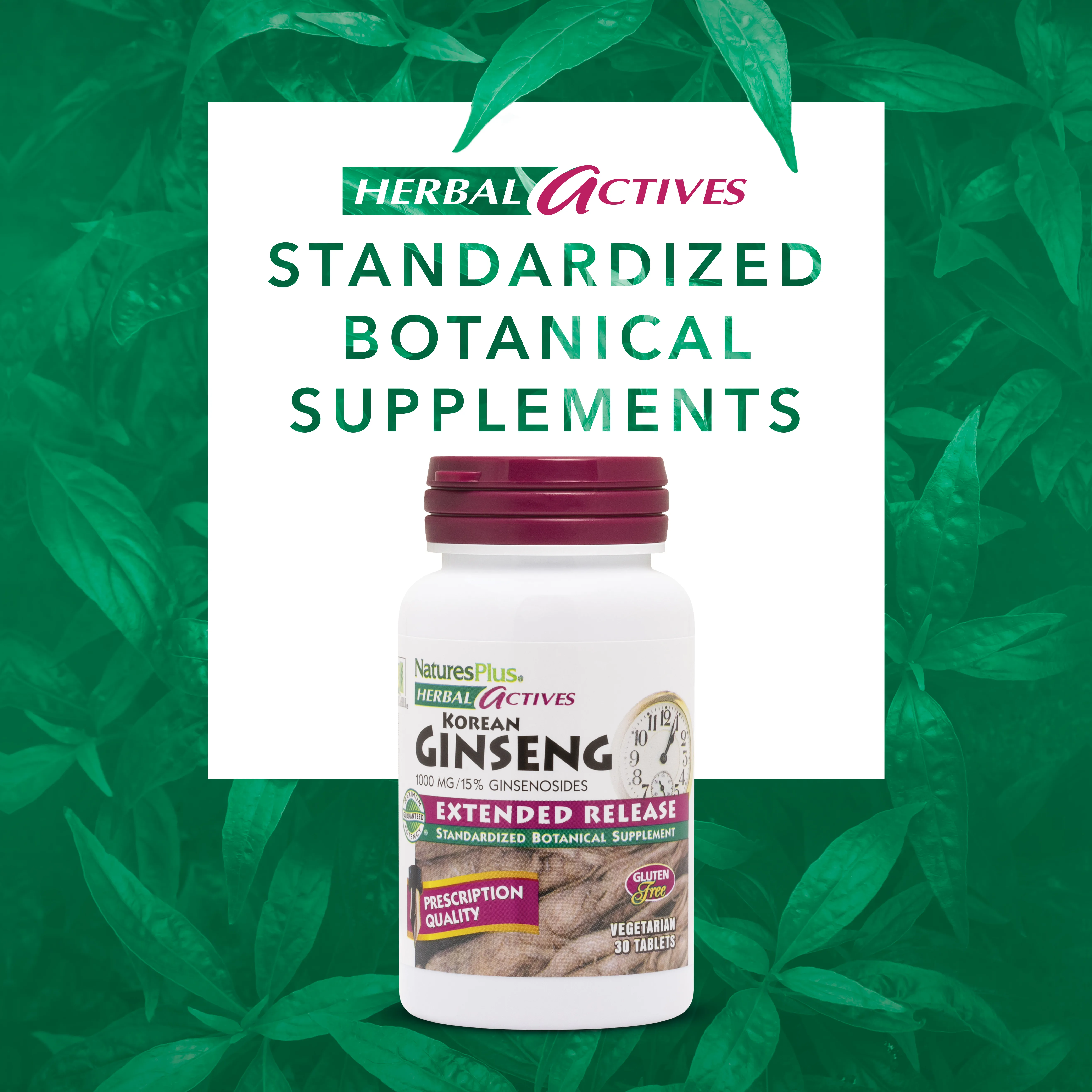NaturesPlus, Herbal Actives, корейский женьшень, с замедленным высвобождением, 1000 мг, 30 вегетарианских таблеток