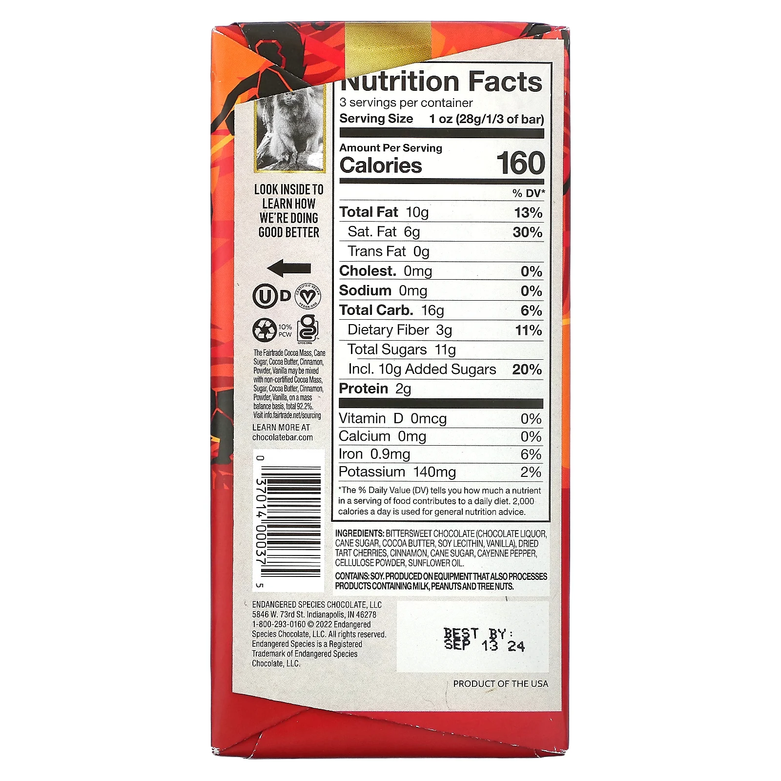 Endangered Species Chocolate, Плитка темного шоколада, корица, кайенский перец и вишня, 60% какао, 85 г (3 унции)