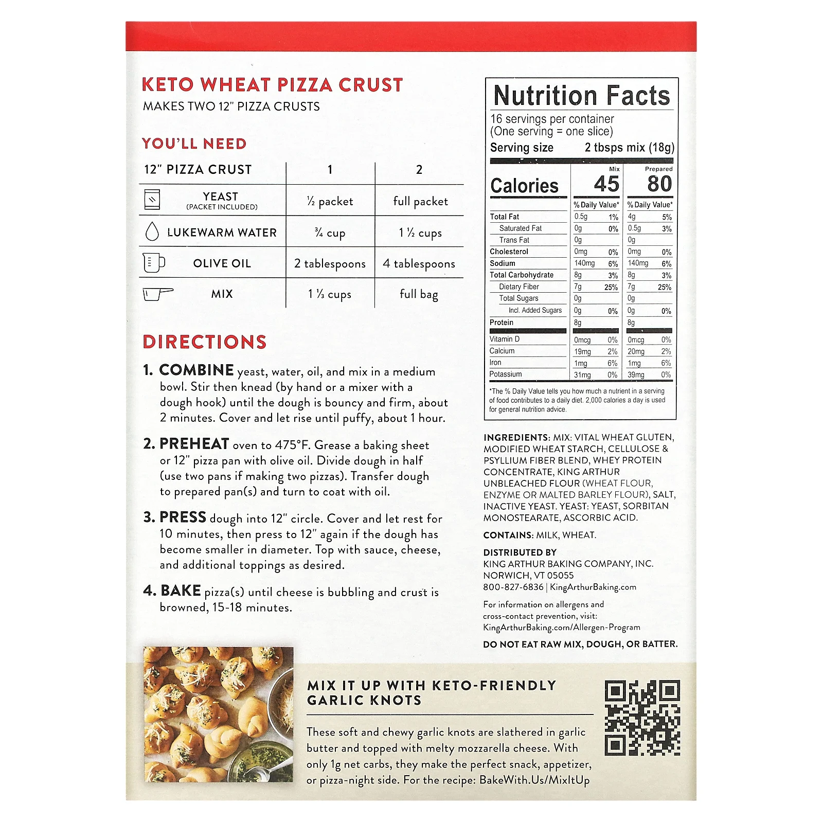 King Arthur Baking Company, Keto Wheat Pizza, смесь с корочкой, 291 г (10,25 унции)