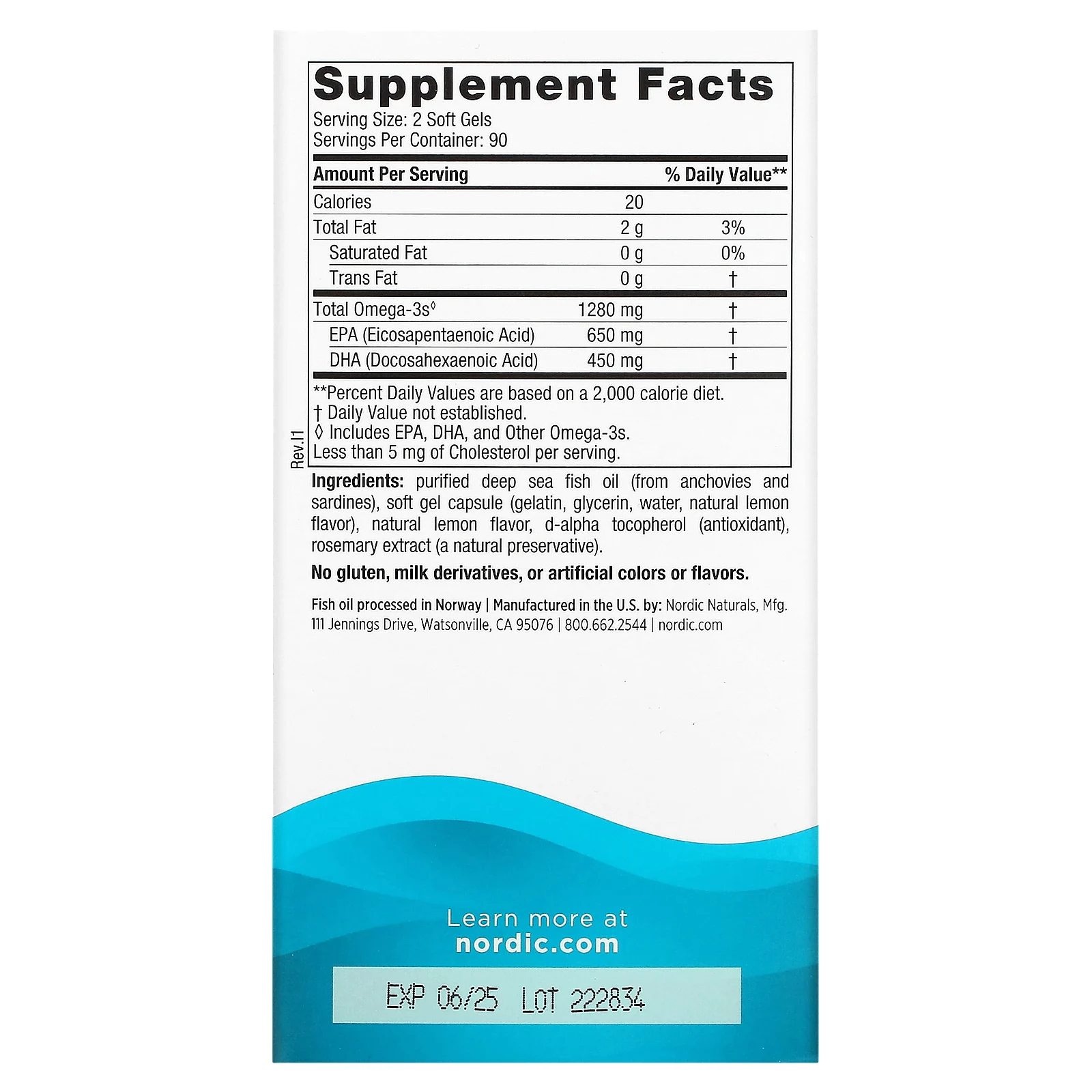 Nordic Naturals, Ultimate Omega, высокоэффективные омега-3 кислоты, со вкусом лимона, 1280 мг, 180 капсул (640 мг в 1 капсуле)